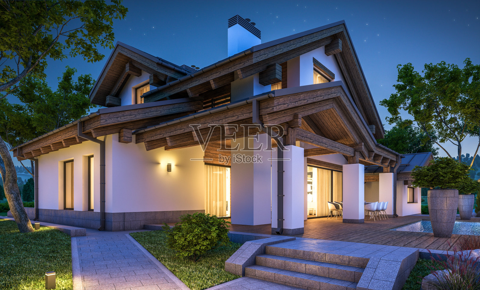 木屋风格的现代舒适住宅的3d渲染照片摄影图片
