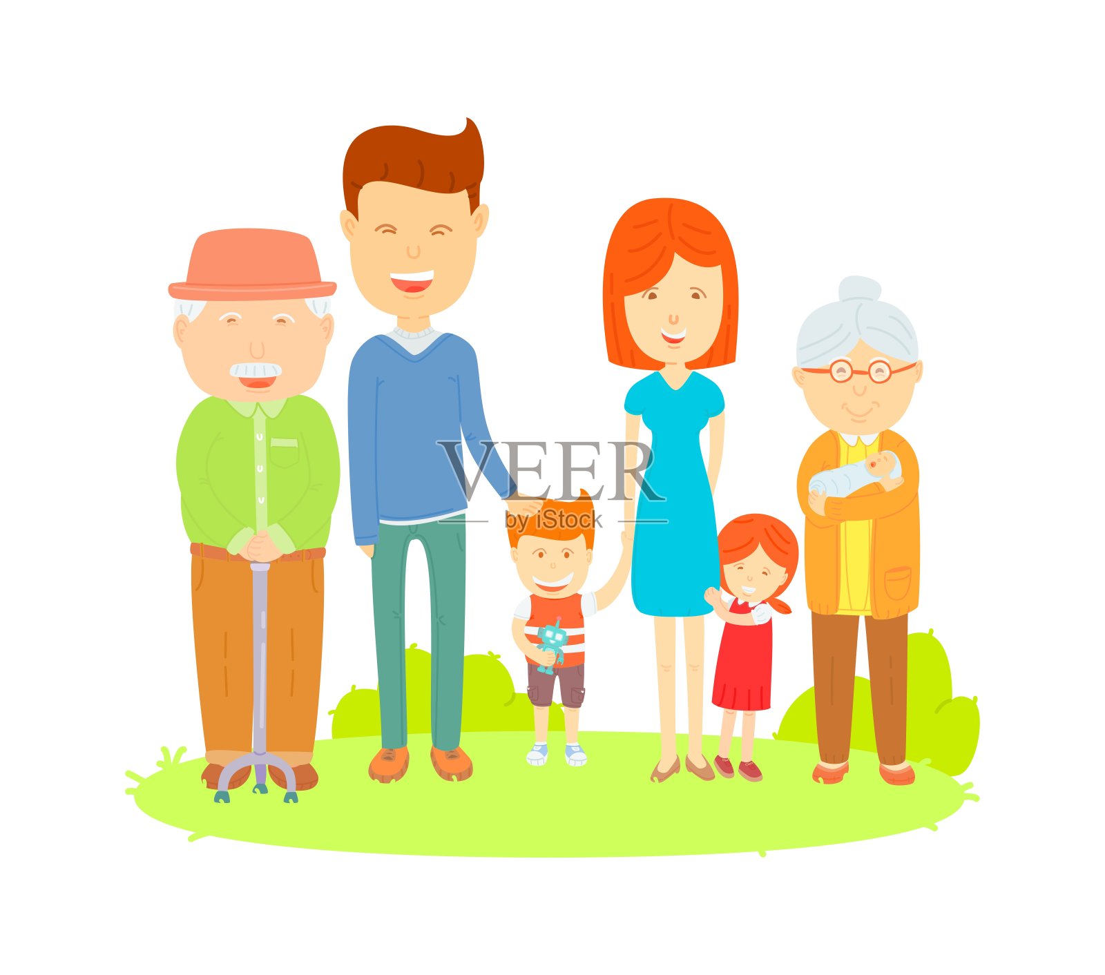 大家庭卡通向量，平面向量彩色插图，可爱的风格，家庭照片在草坪上插画图片素材