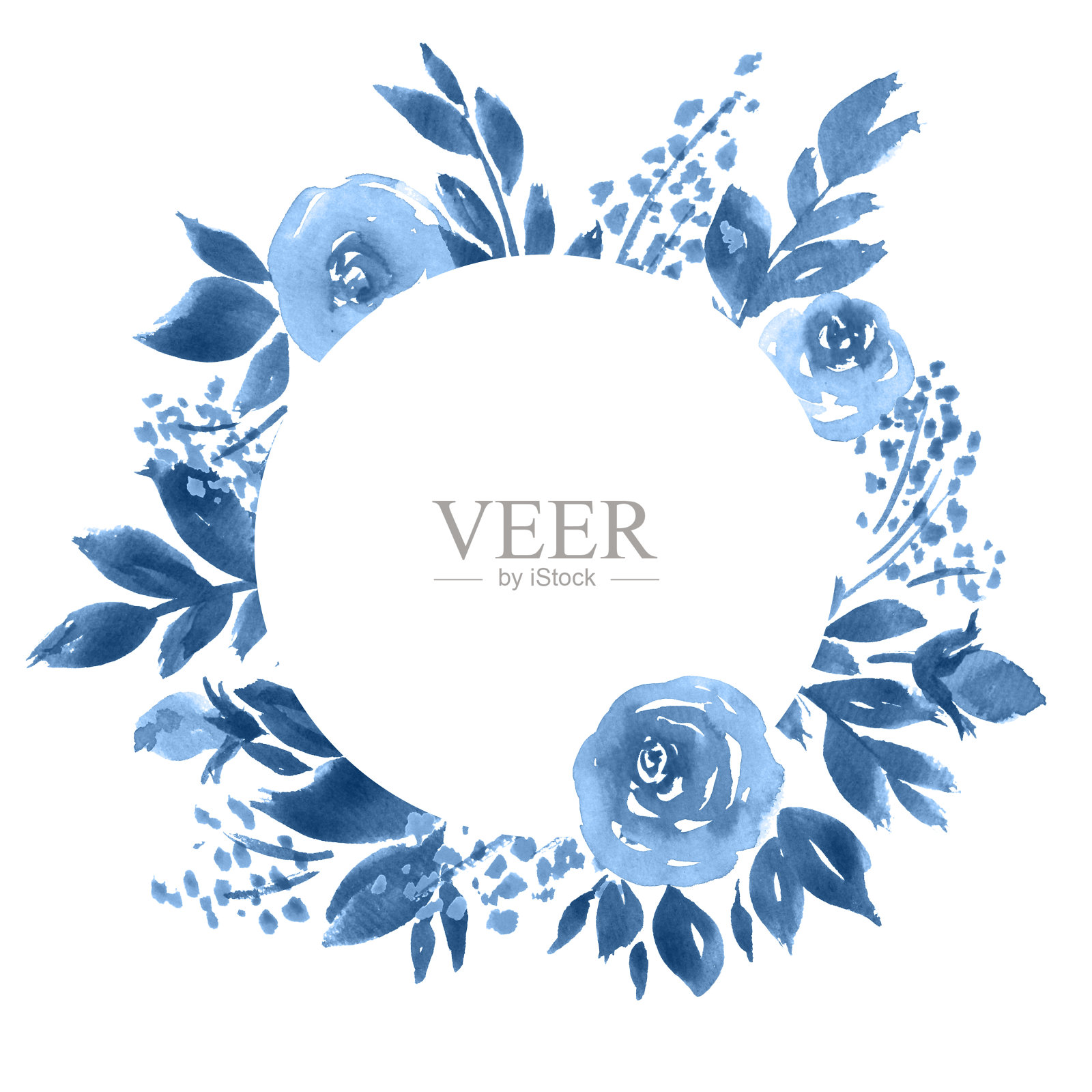 水彩玫瑰框架。靛蓝色花卉成分插画图片素材