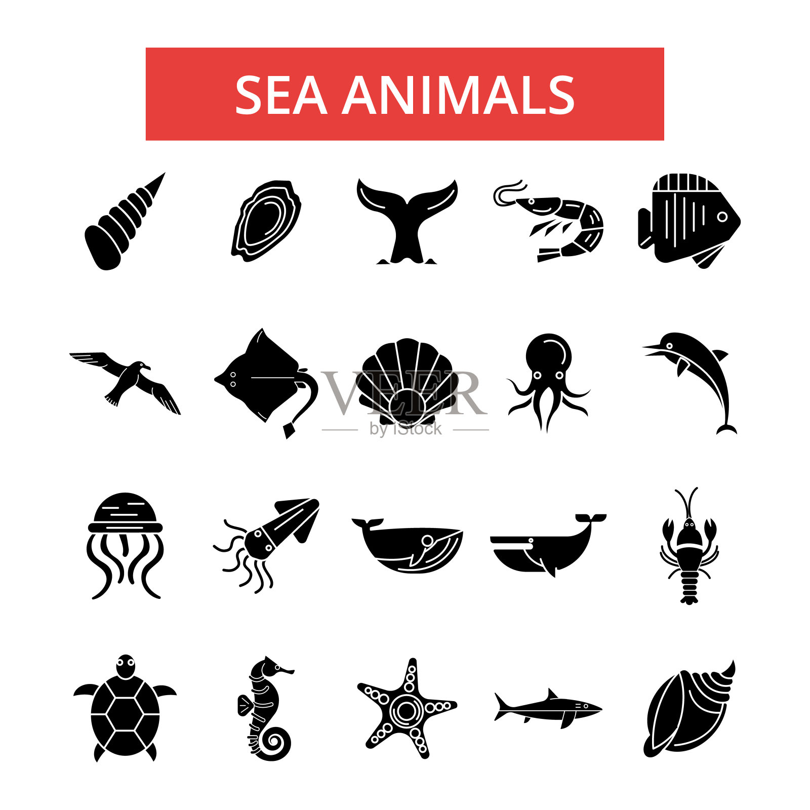 海洋动物插图，细线图标，线性平面符号，矢量符号，轮廓象形图设置，可编辑的笔画插画图片素材