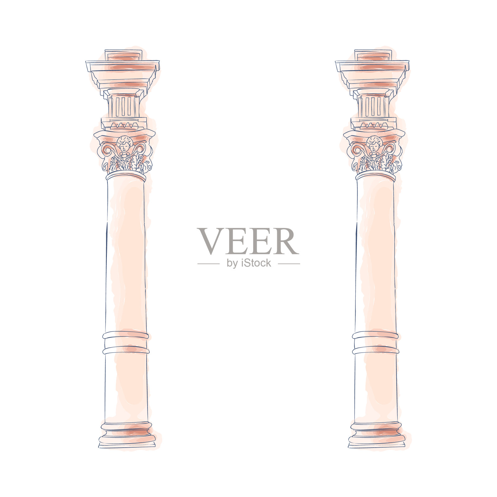 希腊式涂鸦柱，多利安式立柱，爱奥尼亚式立柱。矢量插图。古典建筑设计元素图片