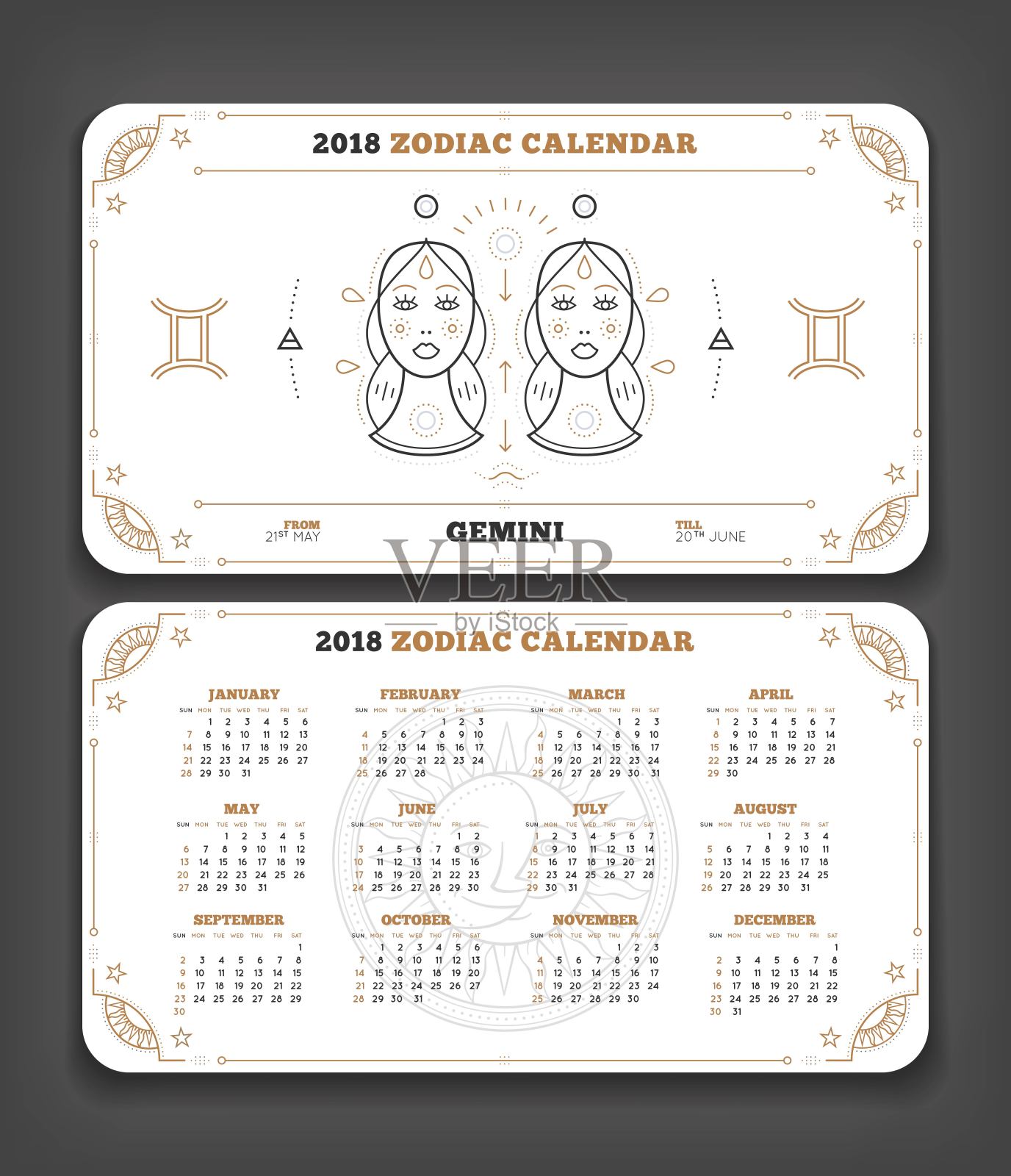 双子座2018年生肖日历口袋大小水平布局双面白色设计风格矢量概念插图插画图片素材