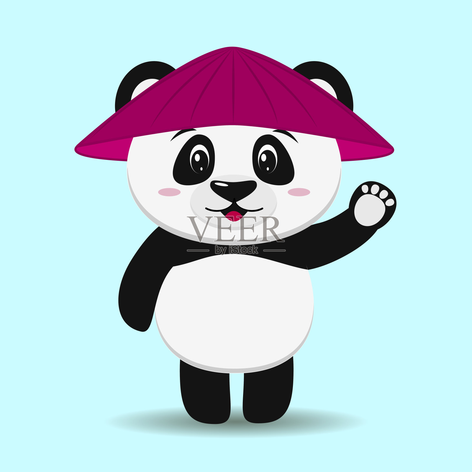 一只戴着卡通帽子的可爱熊猫举起手站在那里。设计元素图片