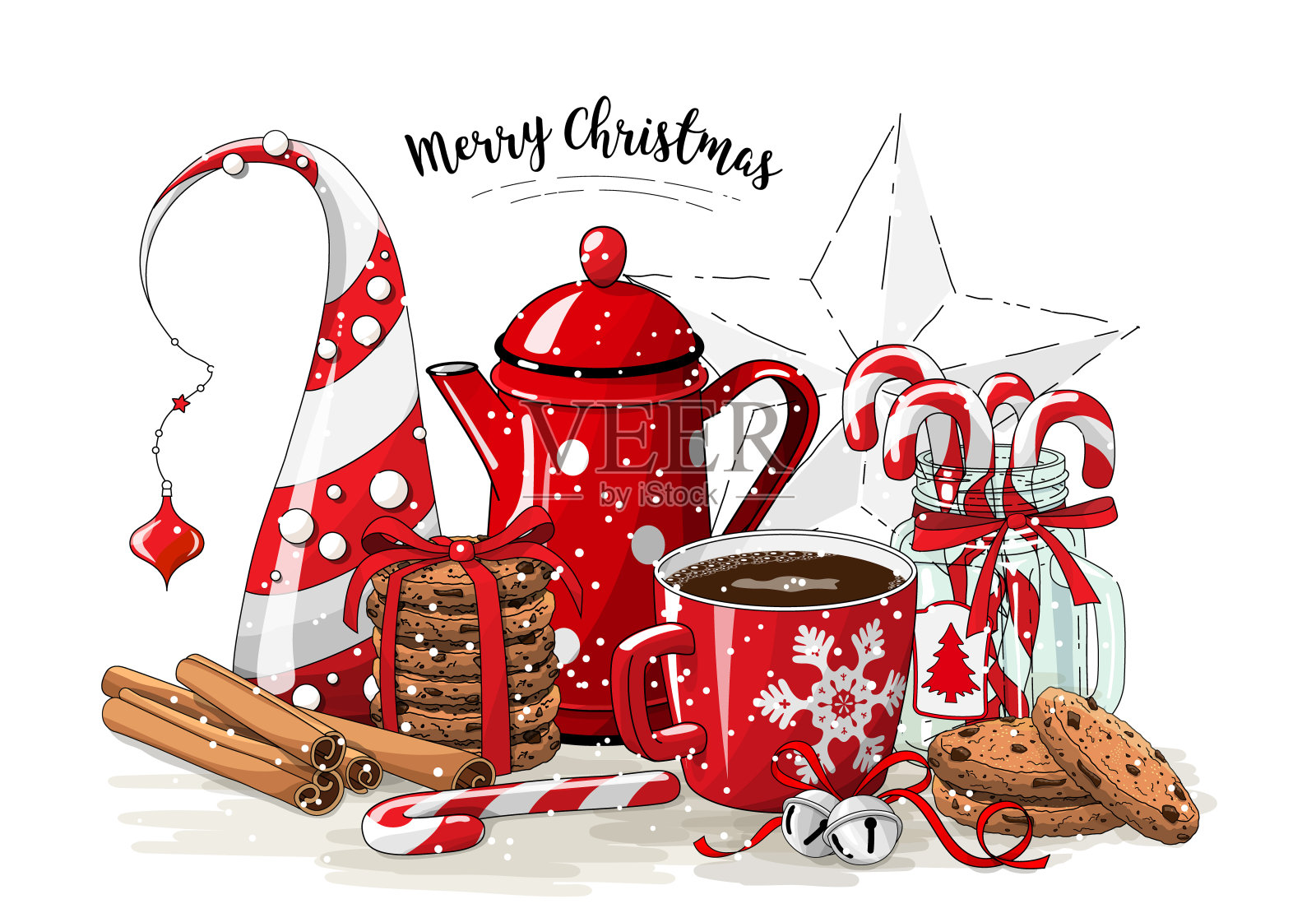圣诞静物，红茶壶，苦力，抽象圣诞树，玻璃罐糖果手杖，肉桂棒，咖啡杯和铃铛在白色的背景，插图设计元素图片
