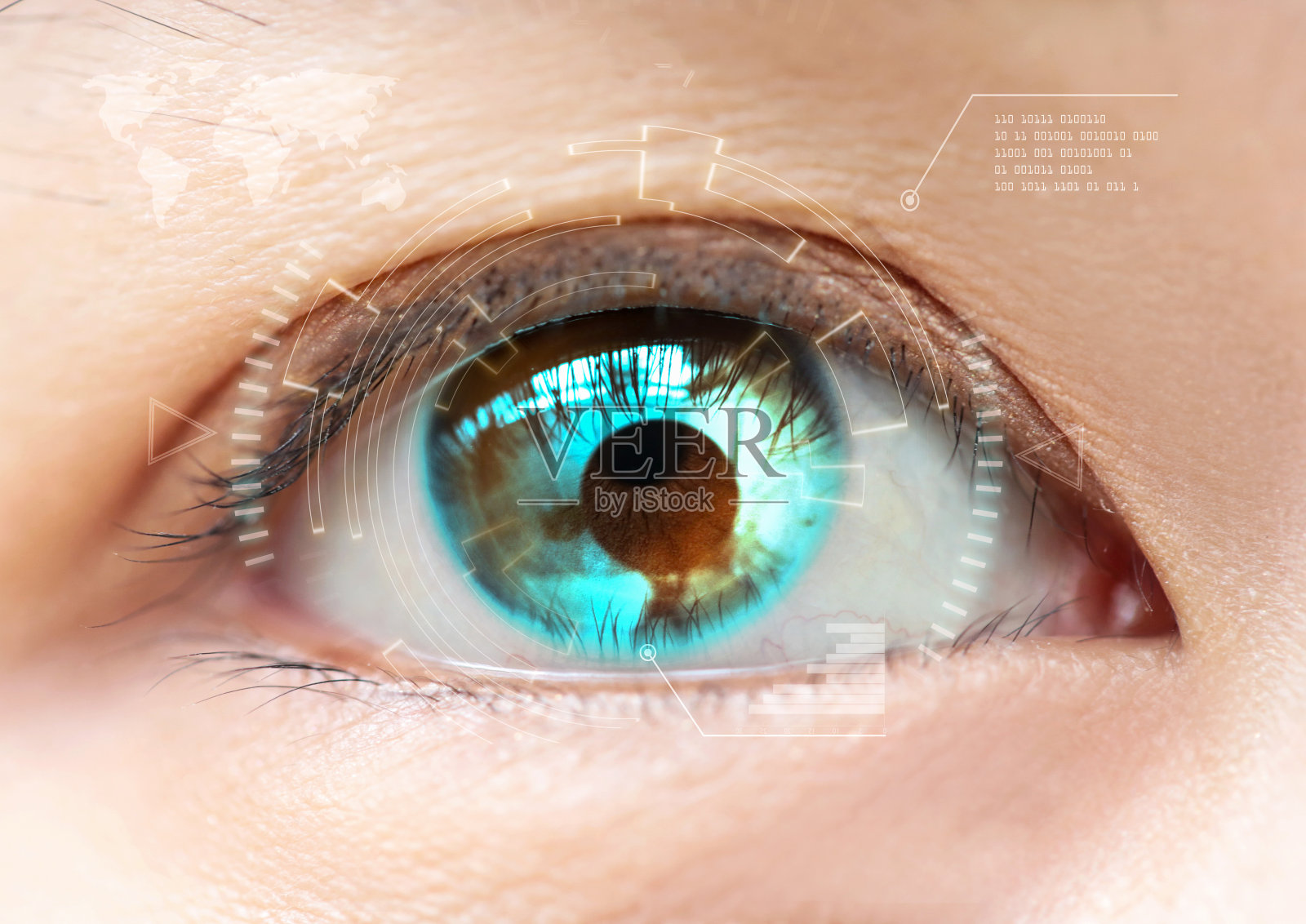 蓝色的眼睛特写。高科技的未来。:白内障照片摄影图片