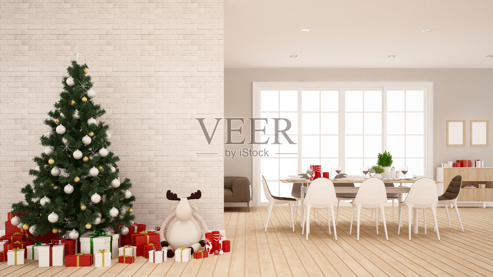 餐厅和圣诞树在家里或公寓-圣诞节的插图- 3D渲染照片摄影图片