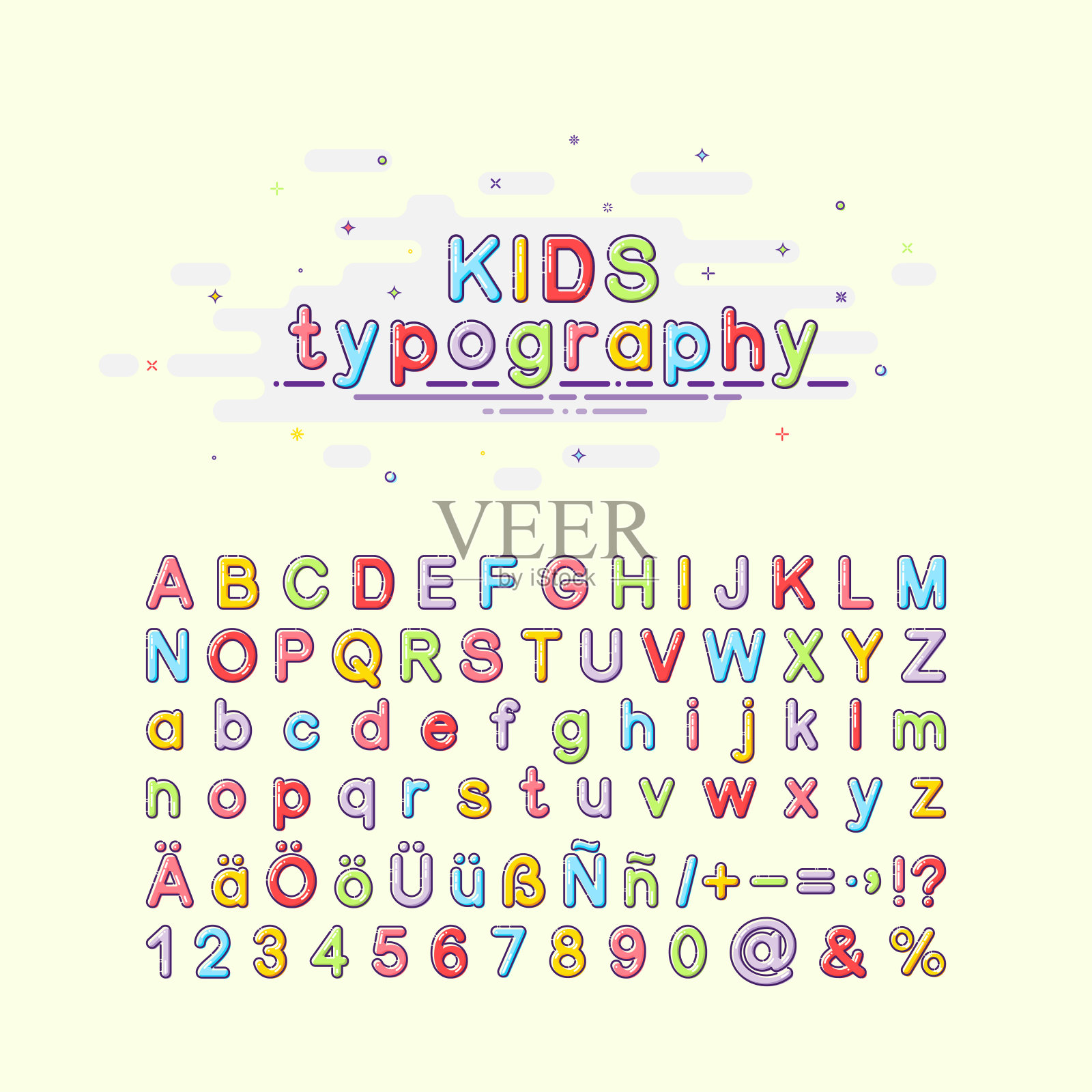 儿童字体在mbe风格。丰富多彩的孩子排版。矢量插图的一个字母表。英语、德语和西班牙语字母。插画图片素材