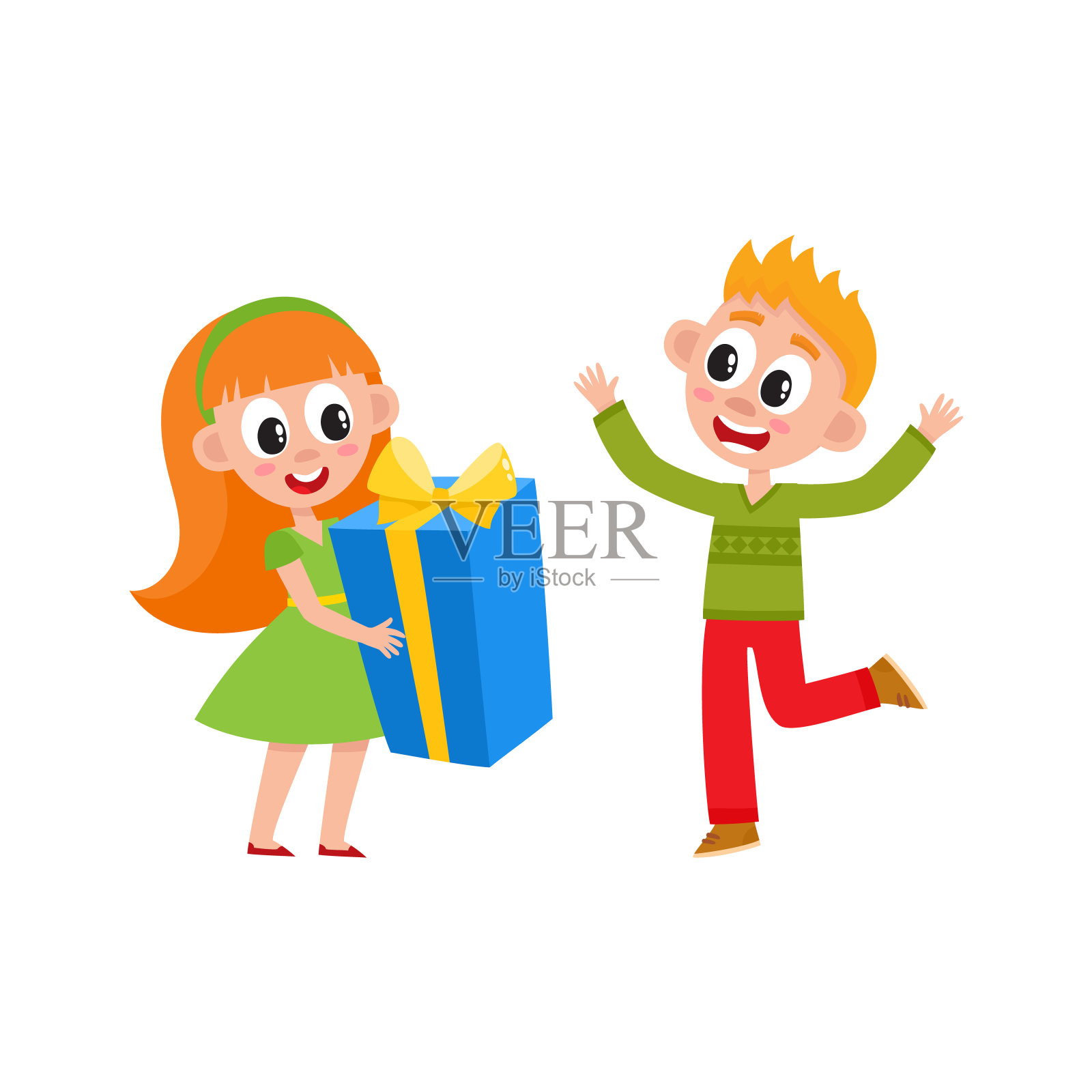 矢量扁平的女孩和男孩与大礼物盒插画图片素材