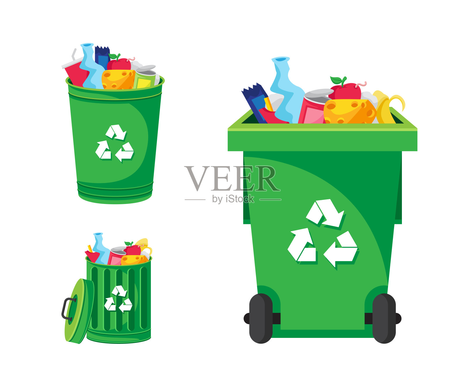 现代绿色回收垃圾桶和垃圾物体插图设计元素图片