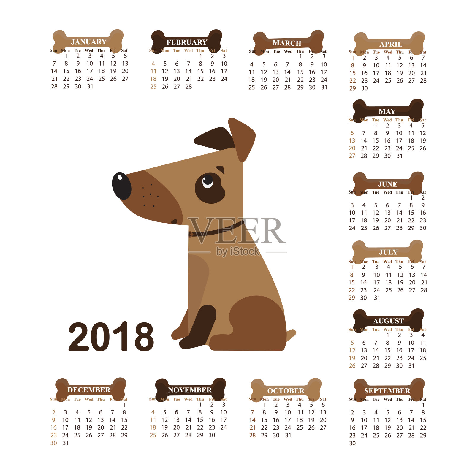 狗年2018年的挂历，周日至周六。插画图片素材