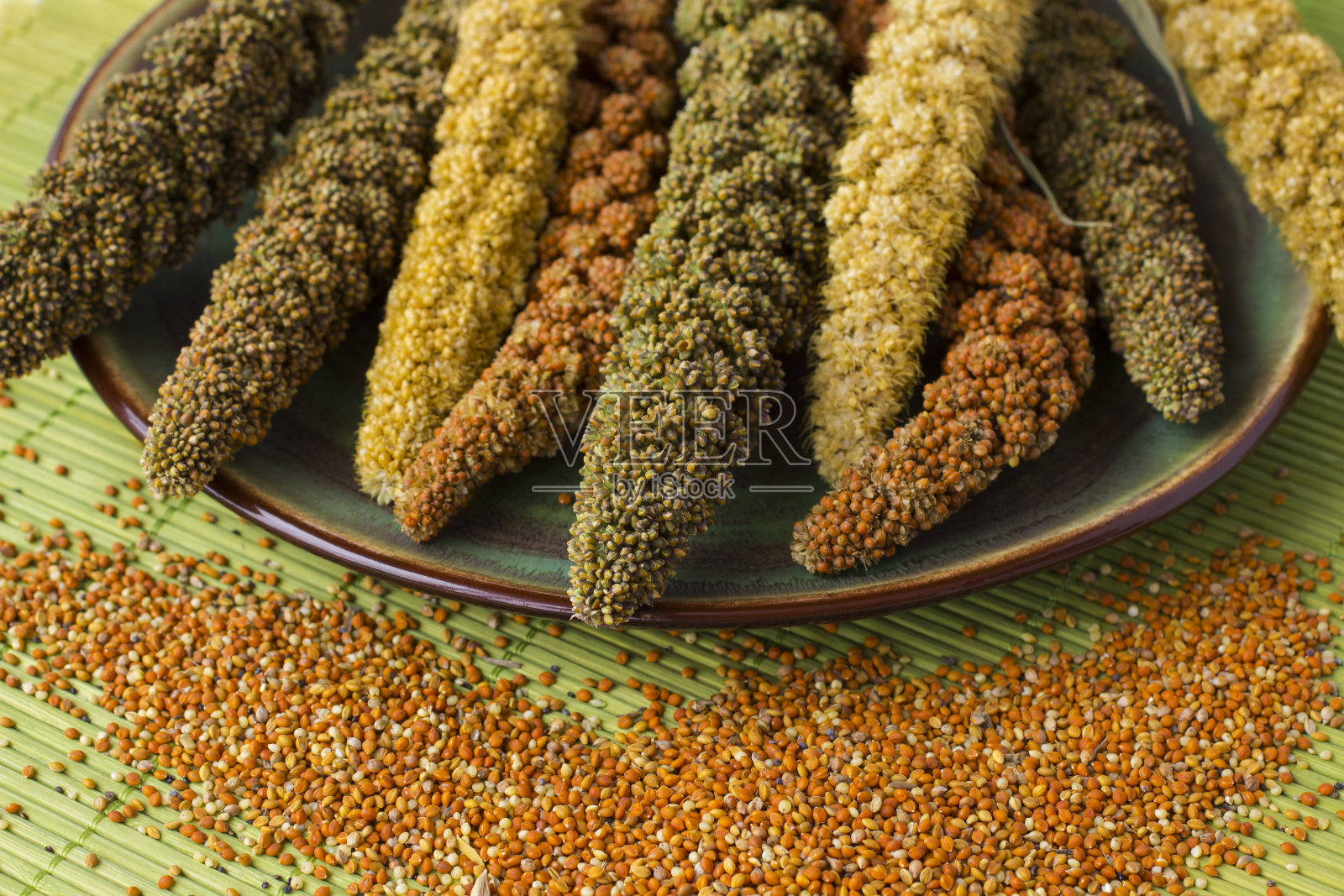 黄色、绿色和红色的小米穗。谷物小米。白色背景照片摄影图片