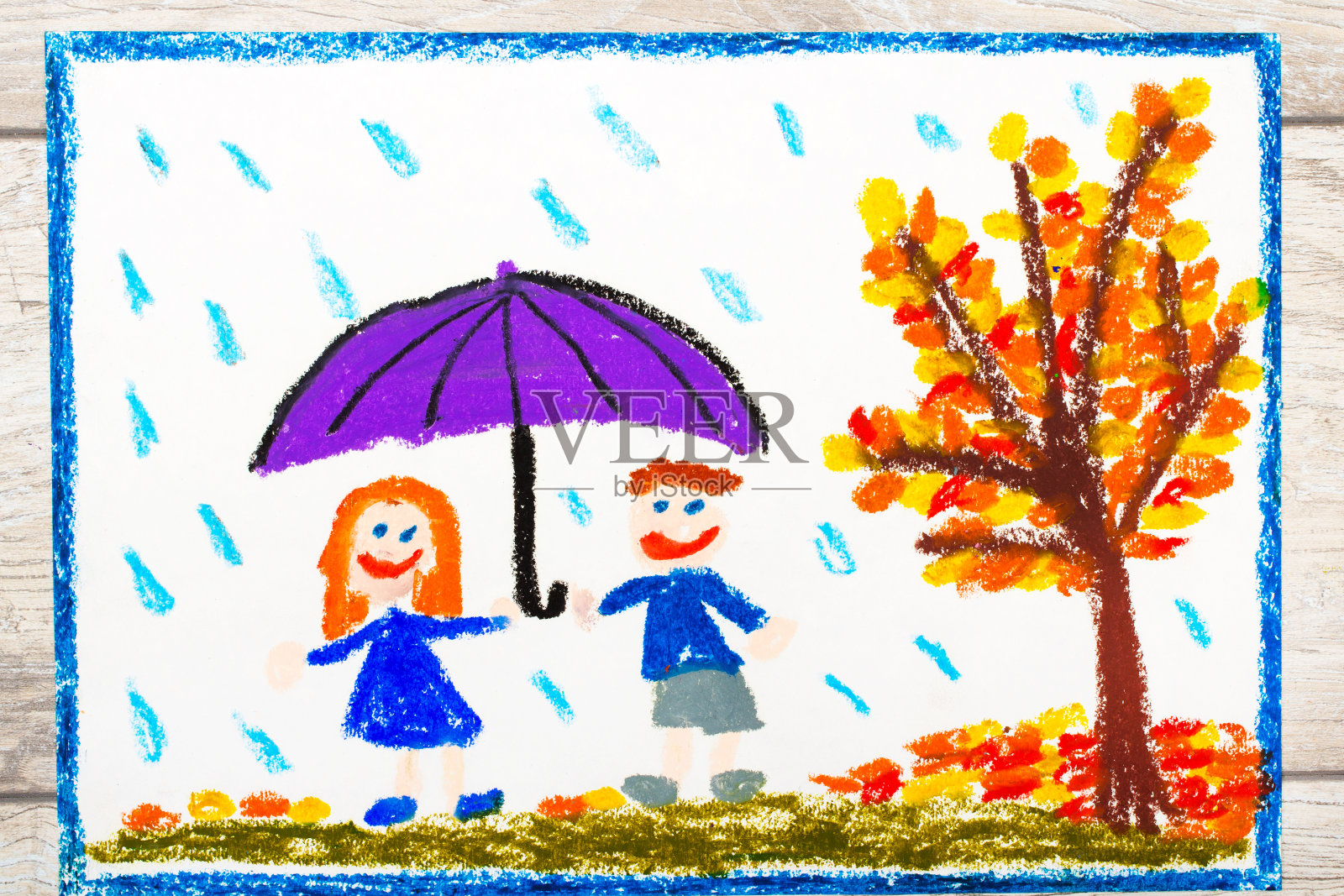 彩色图画照片:秋雨。微笑情侣撑伞插画图片素材