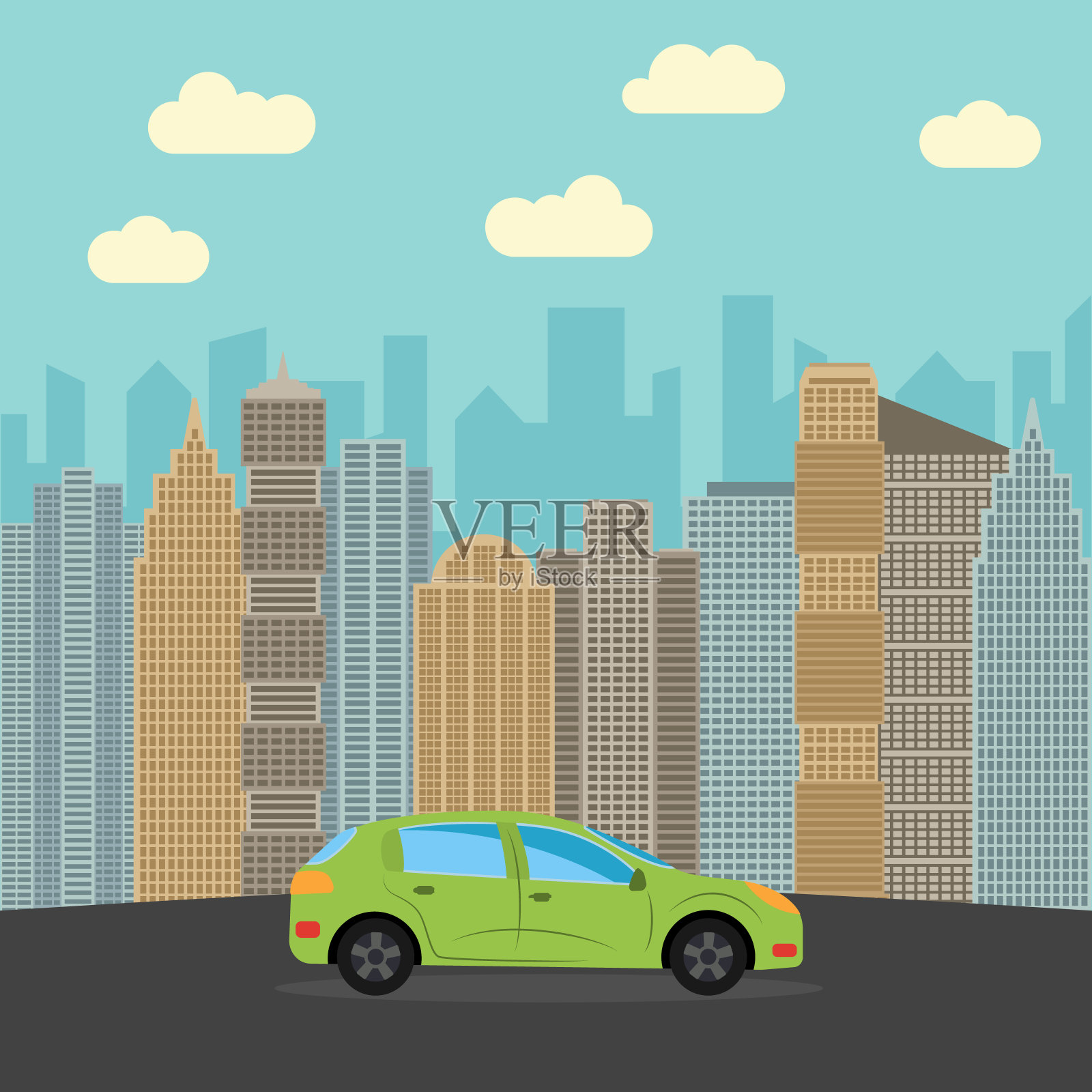 绿色汽车在城市里插画图片素材