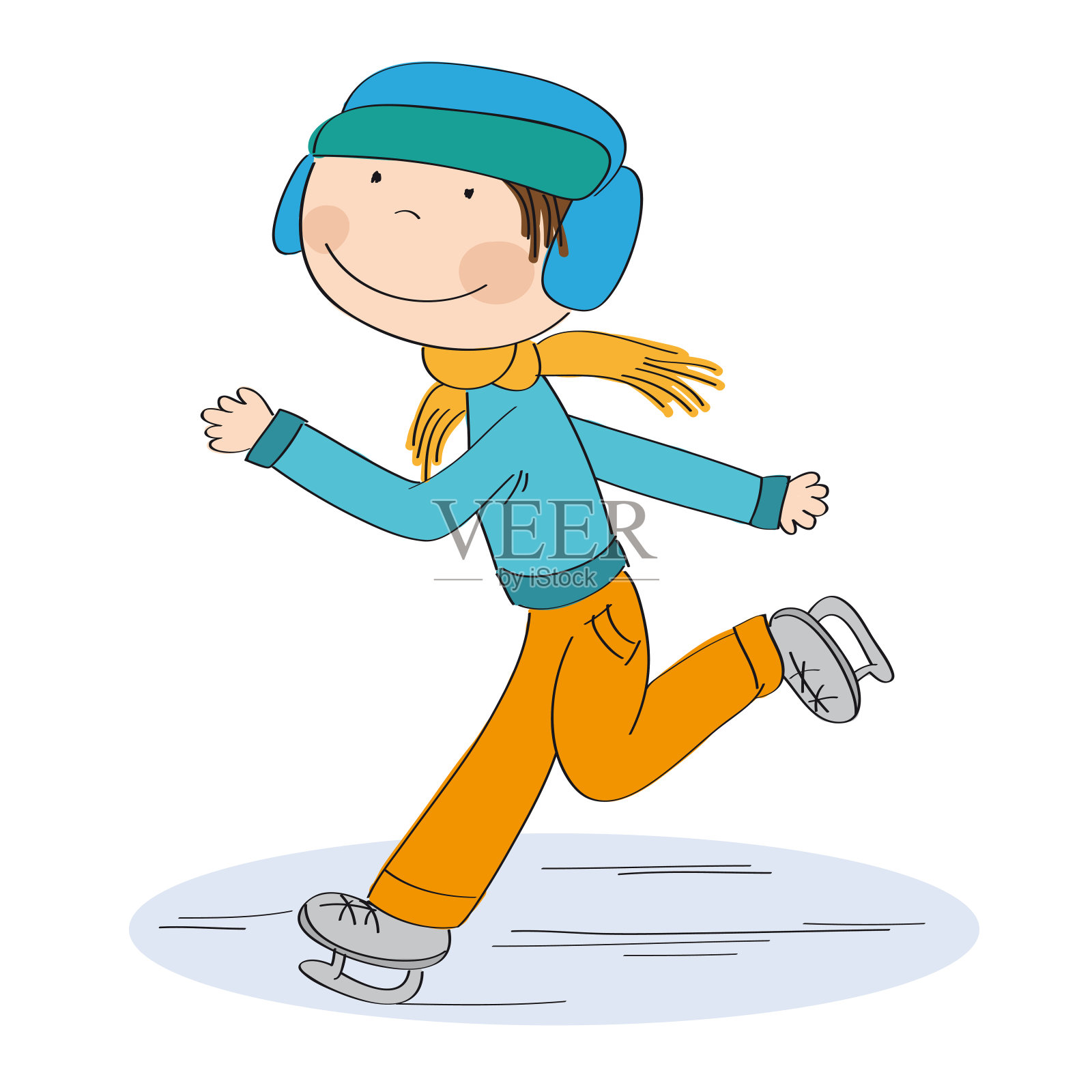 快乐的溜冰者，冬季运动，可爱的男孩溜冰-原创手绘插画设计元素图片