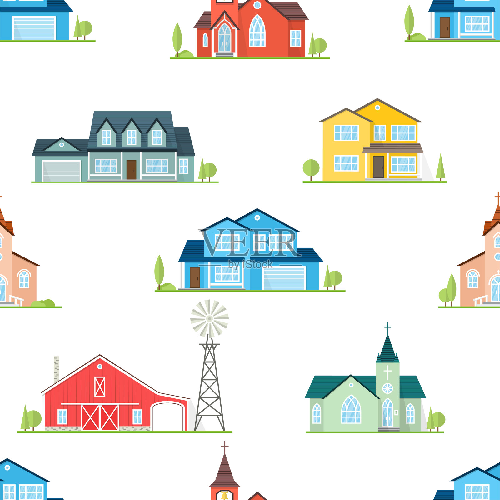 美国房屋、教堂和农场无缝模式设计元素图片