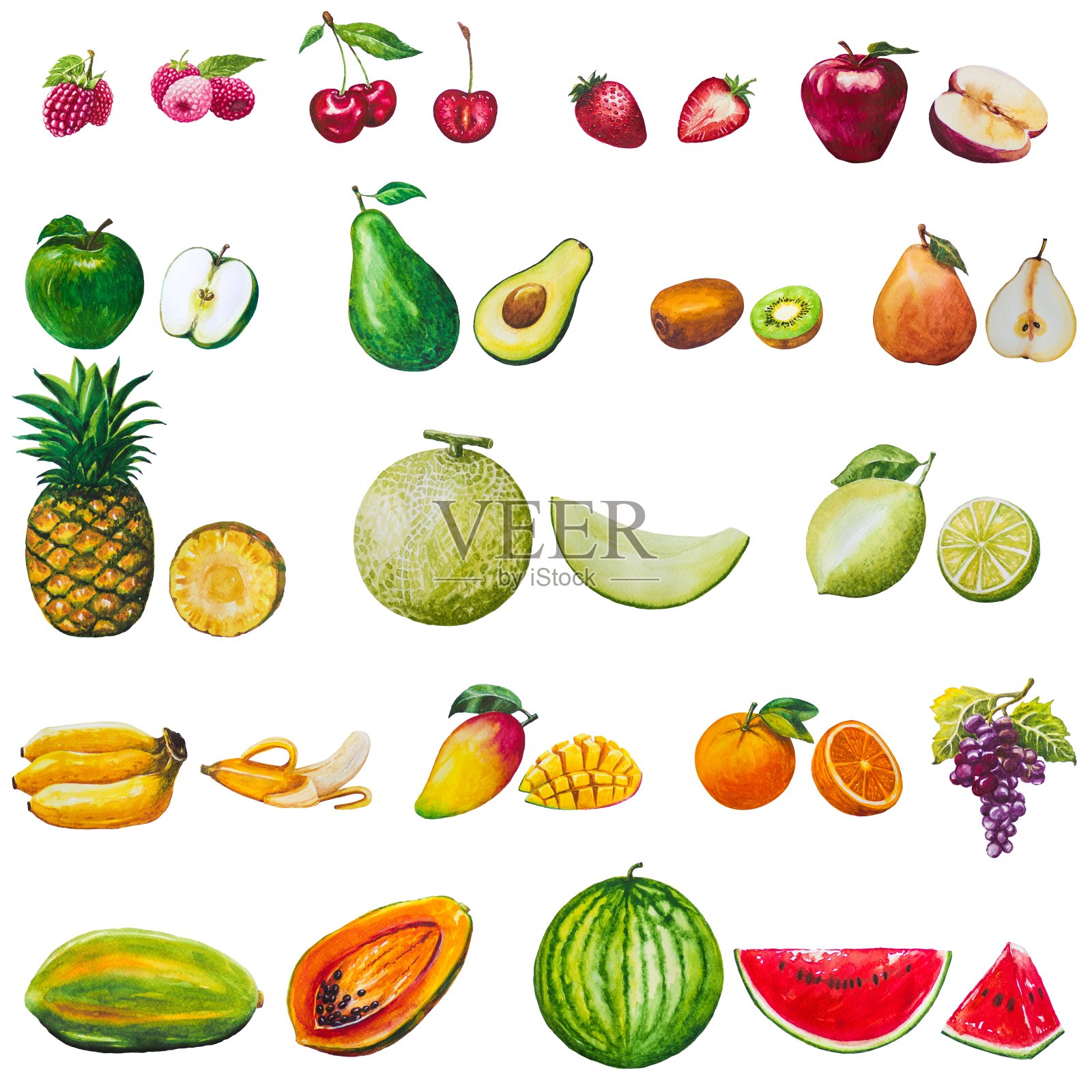 水果无缝模式。水彩画用水彩画的一组元素背景新鲜落下的混合水果。健康食品。水果在白色的背景孤立。插画图片素材