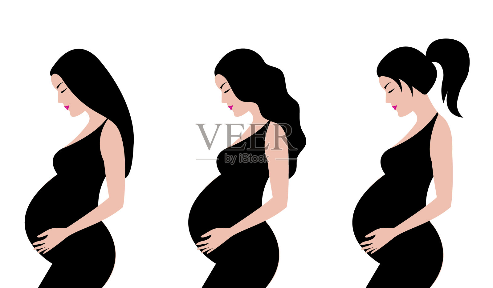简单可爱的彩色矢量插图黑色孕妇与不同的发型在黑色连衣裙。插画图片素材