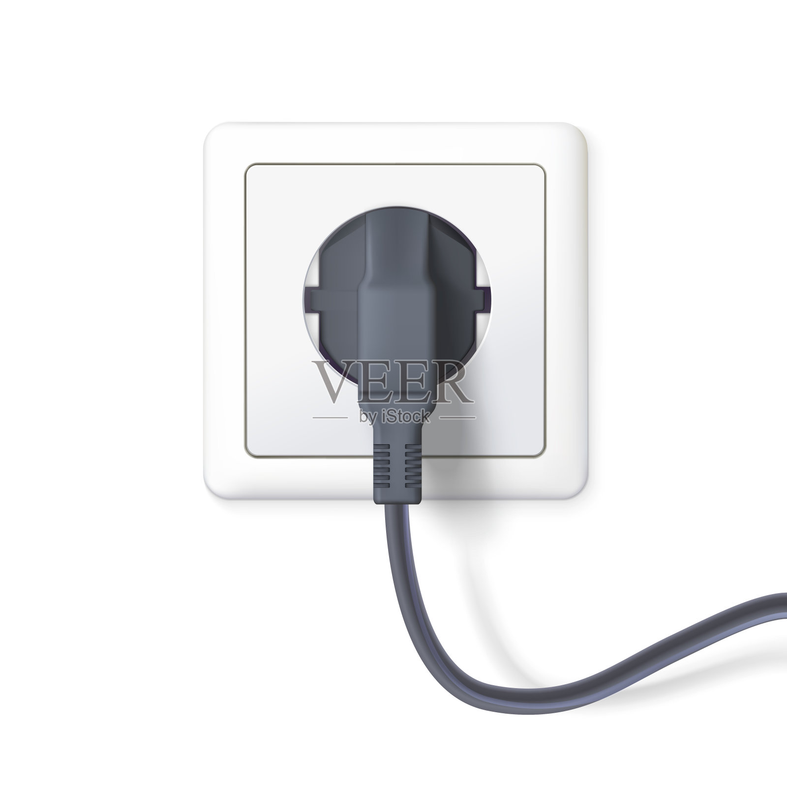 黑色插头插在电源线上。插头插入一个白色的墙壁插座。连接电气设备的设备图标。3D插图孤立在白色背景设计元素图片