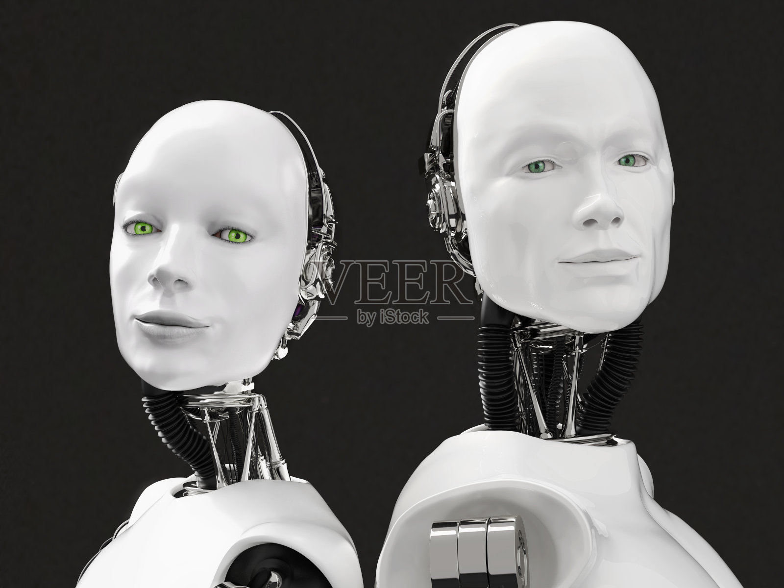 一个女性和男性机器人的头部的3D渲染。照片摄影图片