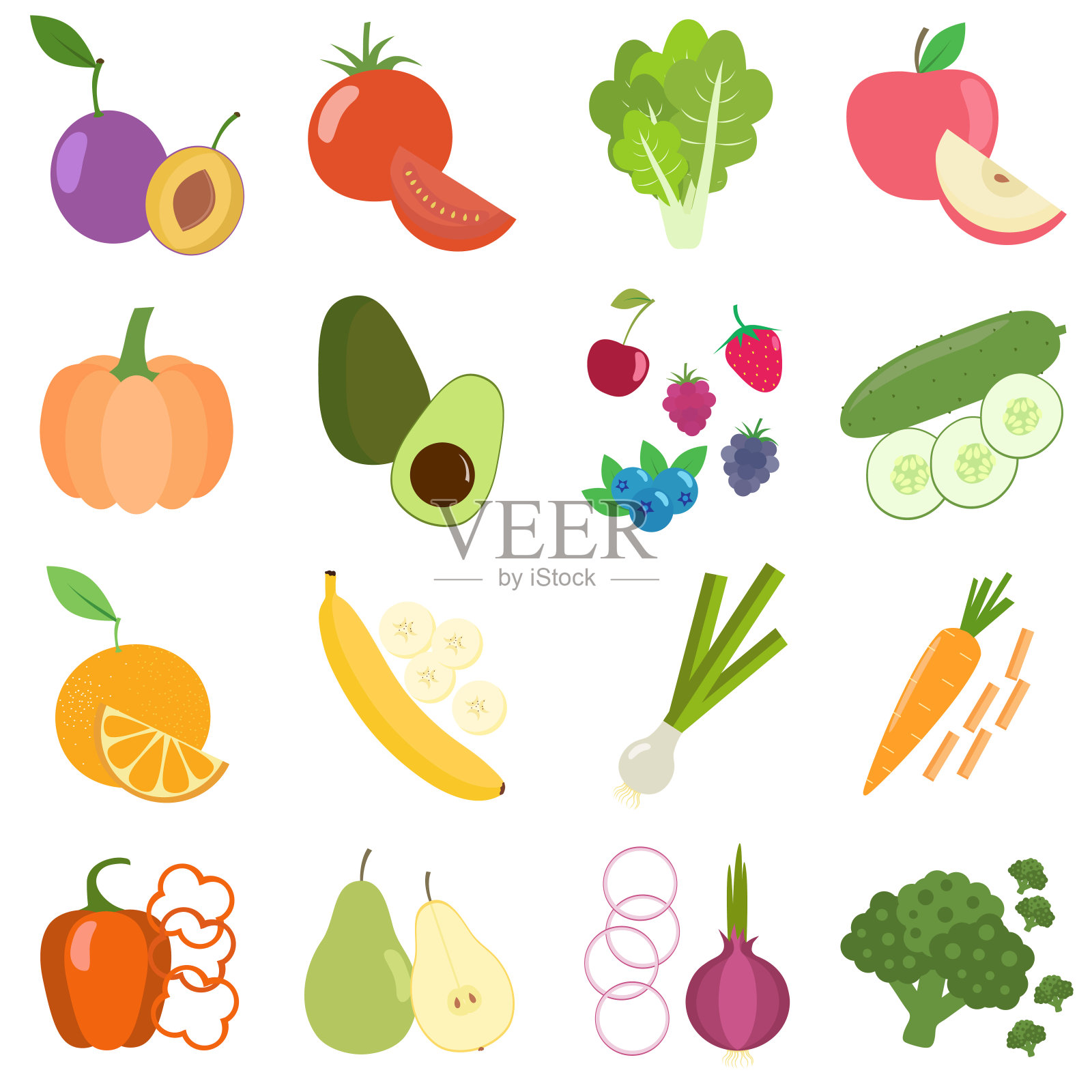 一套新鲜健康的蔬菜，浆果和水果。切片水果和蔬菜。平面设计。有机农场插图。插画图片素材