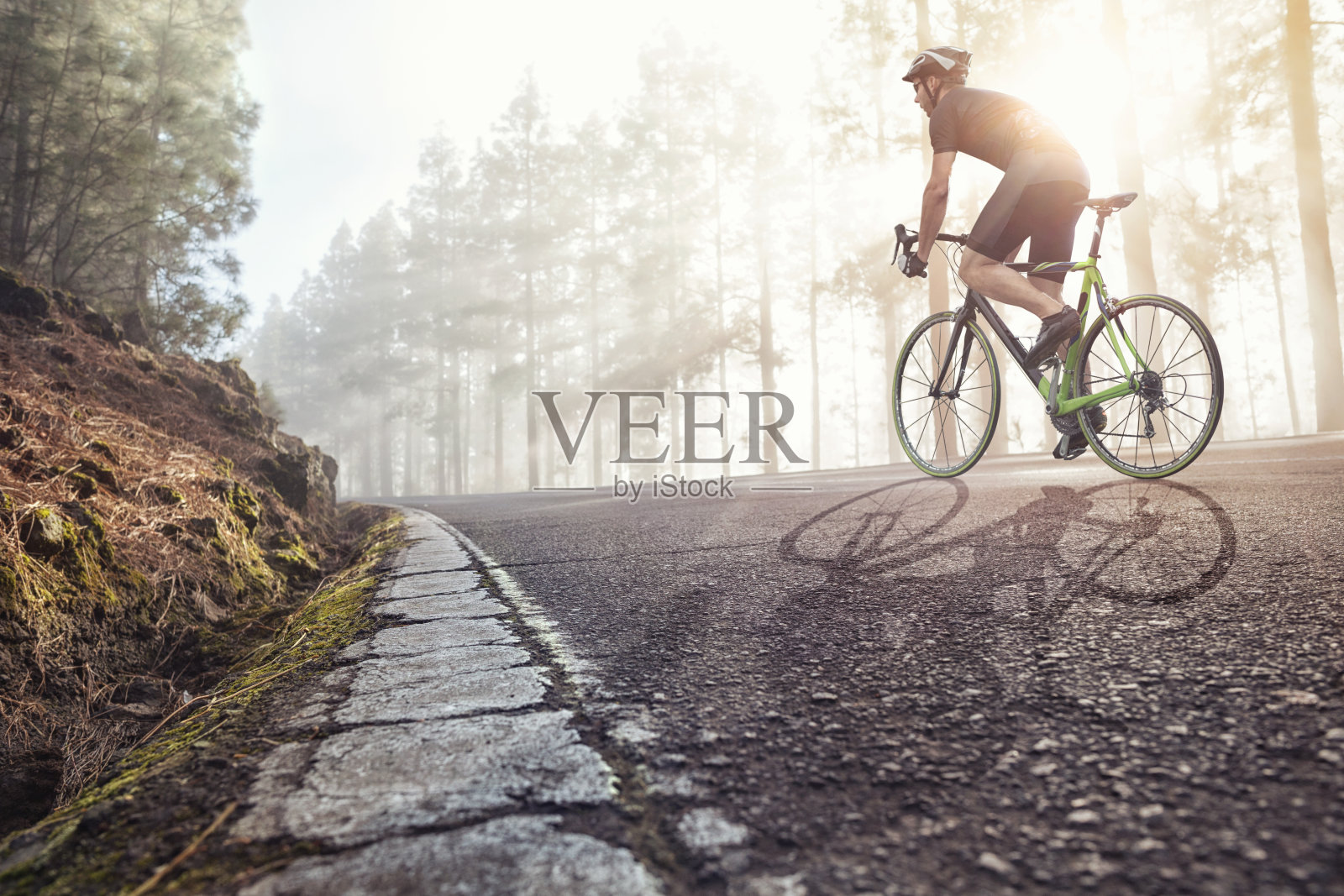 专业自行车手在森林道路上照片摄影图片