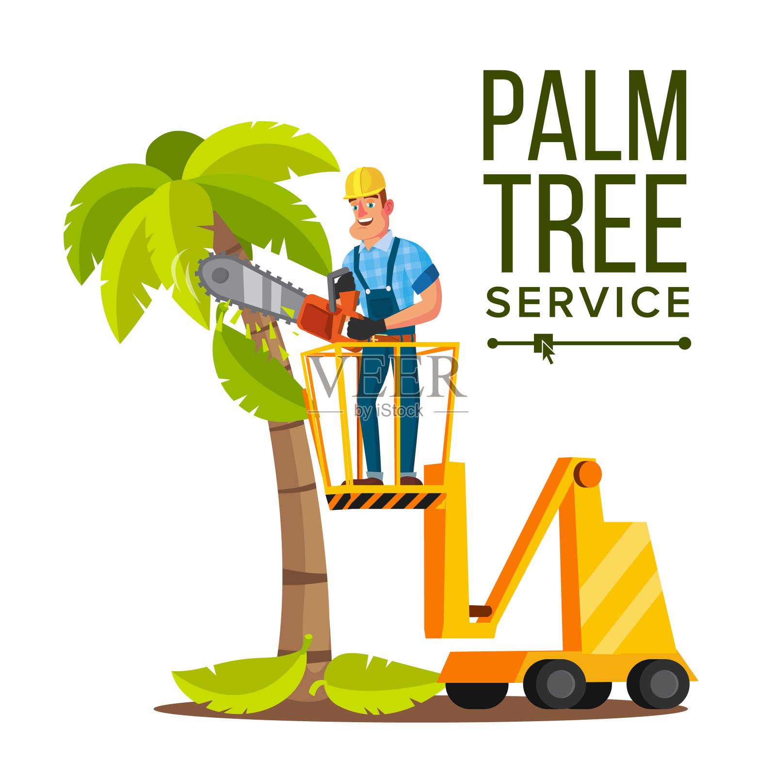 棕榈树护理载体。修剪树木或移除树木修剪。孤立的白色卡通人物插图设计元素图片