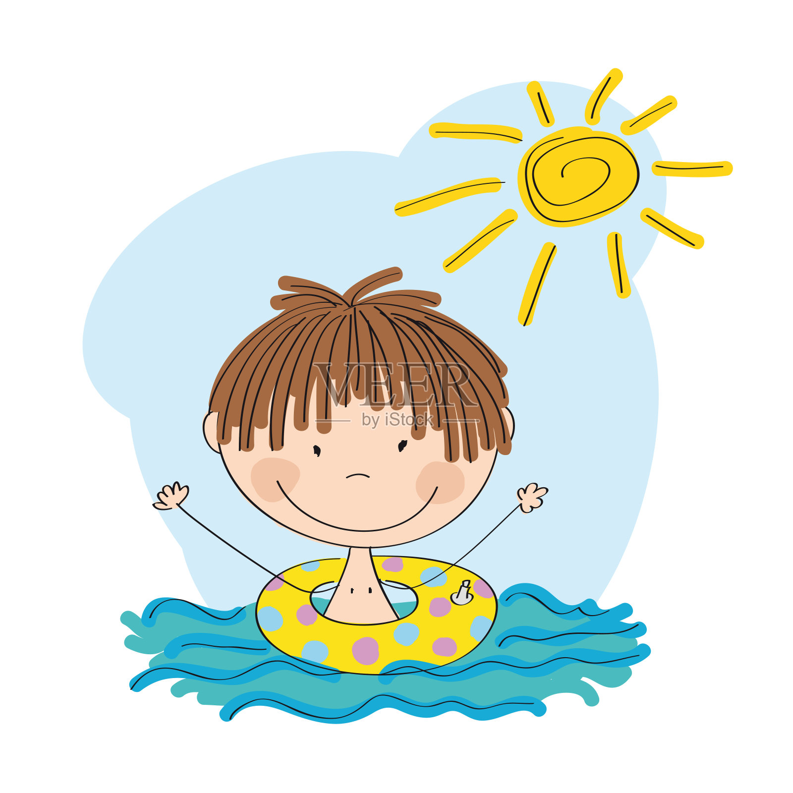 快乐的小男孩在水中游泳与充气圈-原创手绘插图设计元素图片