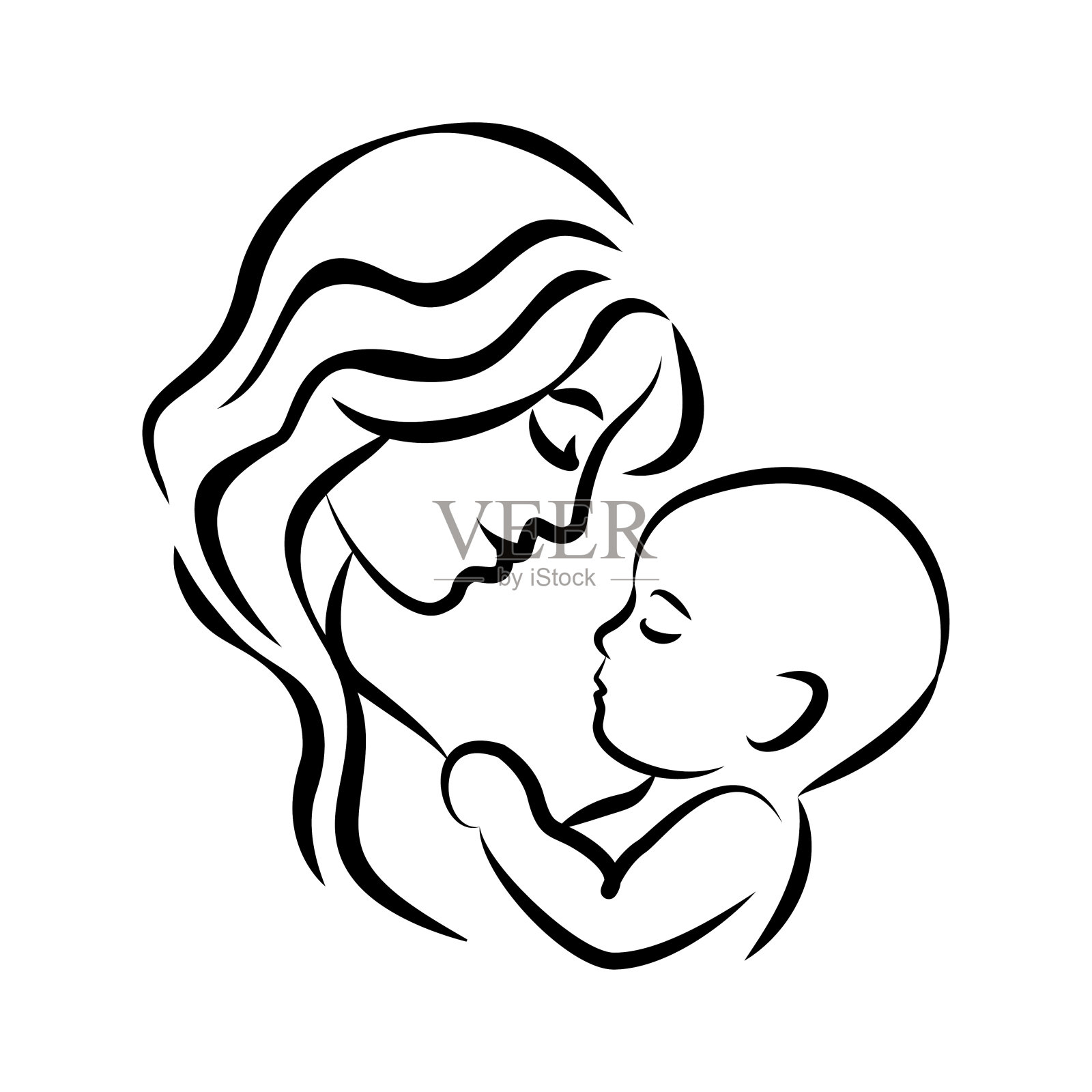母亲和她的孩子。程式化的轮廓的象征。母亲，爱，母亲的关怀。剪影，图标，图标，标志。矢量插图。设计元素图片