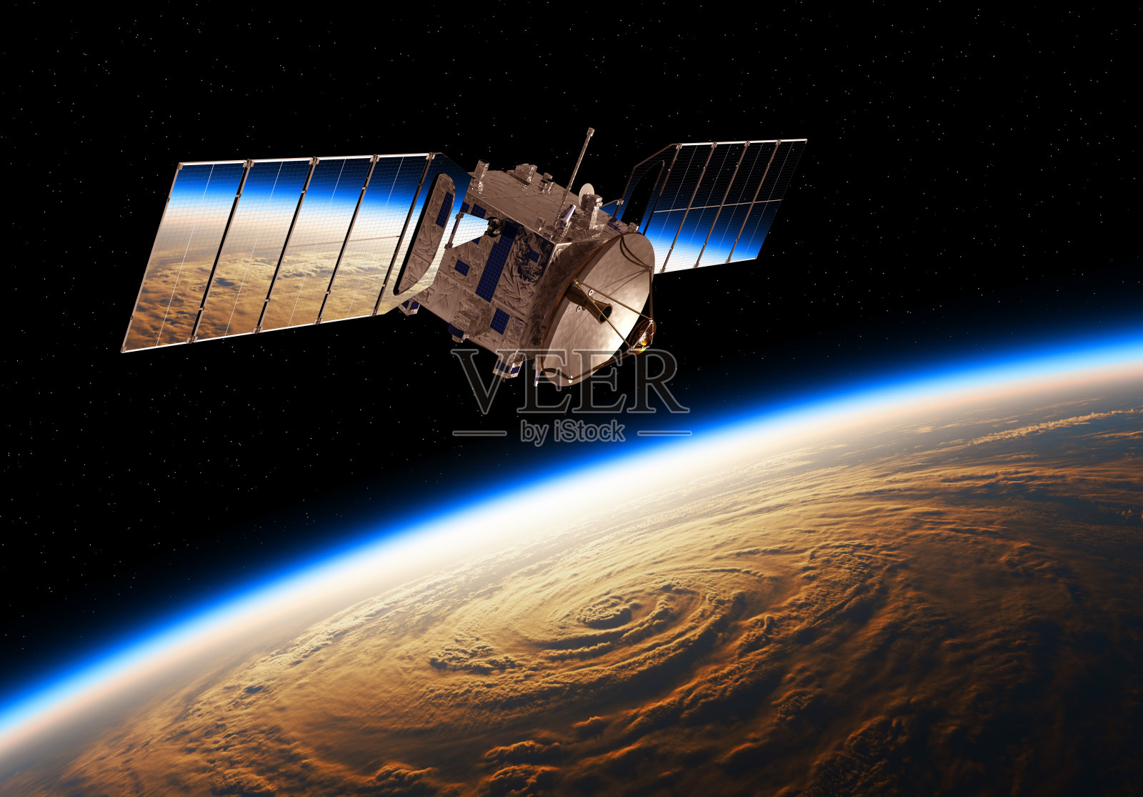 太空卫星太阳电池板上的地球反射插画图片素材