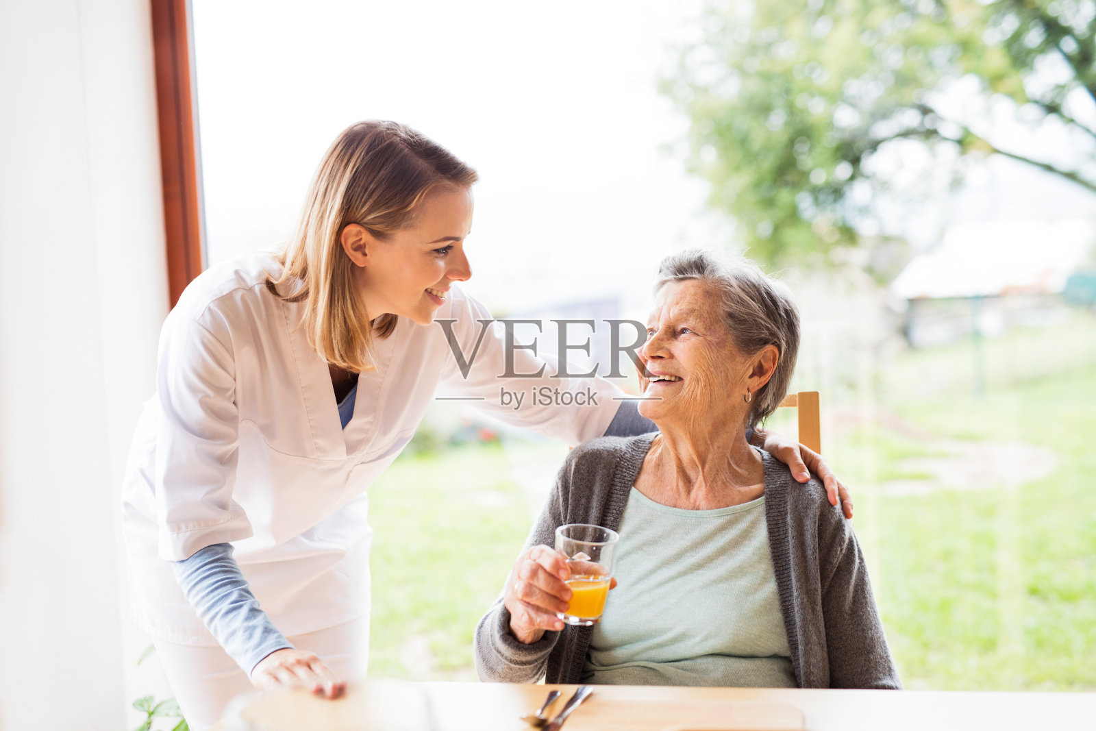 家访期间的健康访视员和一名老年妇女。照片摄影图片