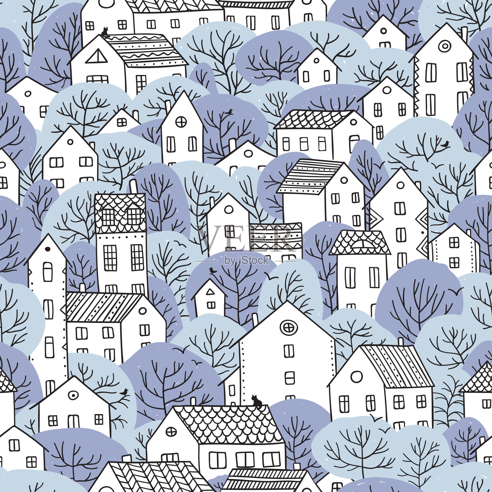 树木和房屋无缝图案冬季浅蓝色插画图片素材