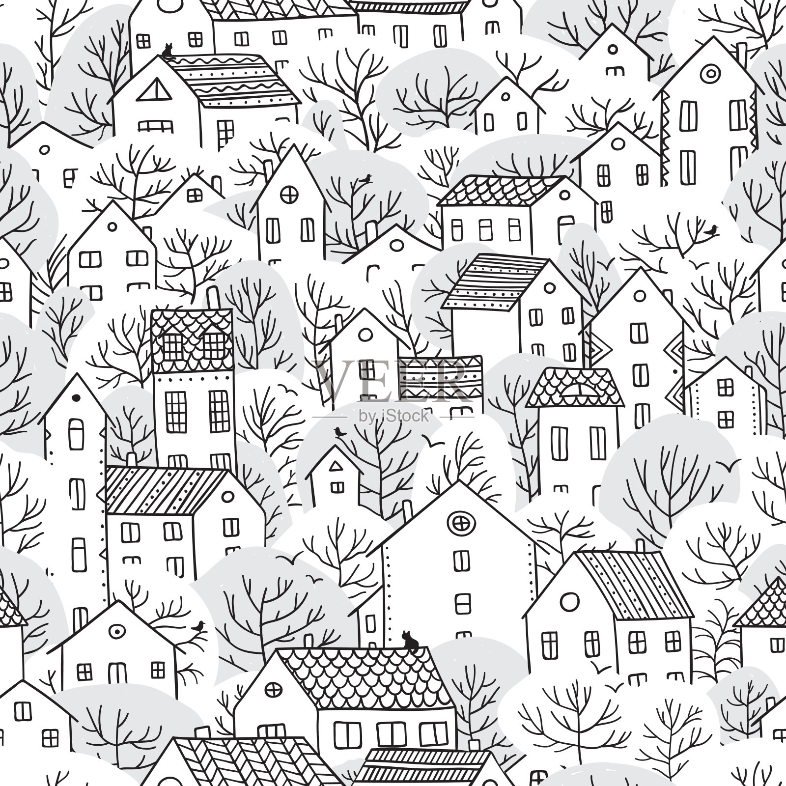 冬天树木和房屋无缝模式插画图片素材