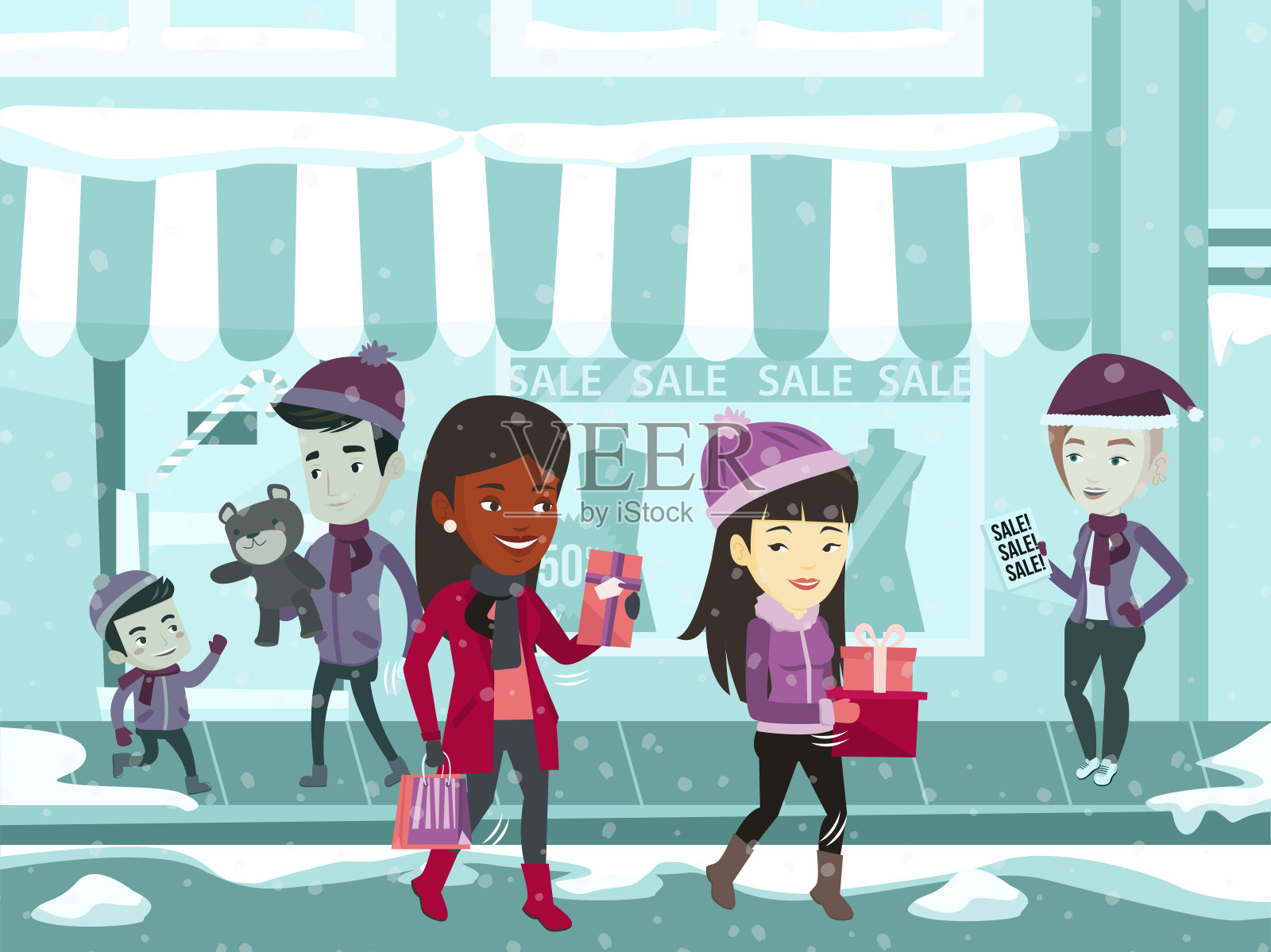 不同种族的年轻人在圣诞节购物插画图片素材