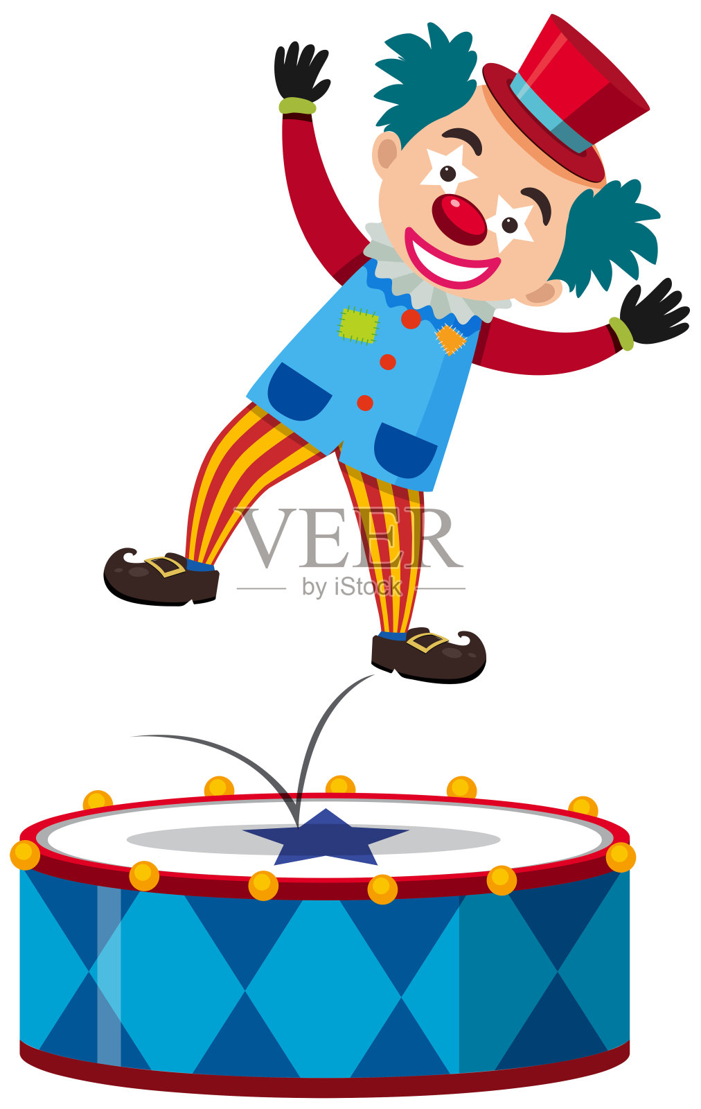 快乐的小丑在大鼓上跳插画图片素材