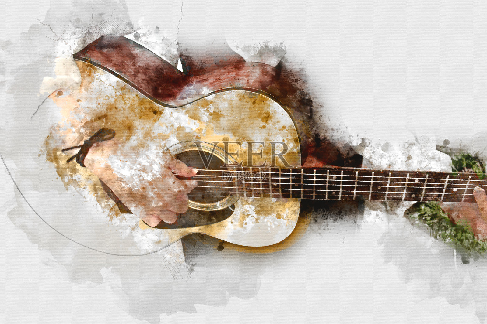 抽象美丽的吉他演奏前景上的水彩画背景和数字插图。照片摄影图片