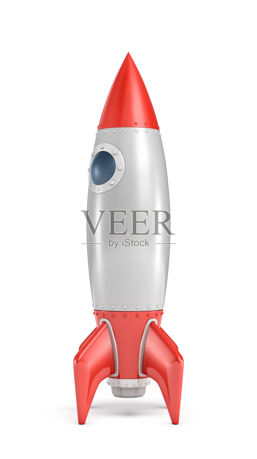 一个银色和红色的火箭船的3d渲染与一个圆形的舷窗站在一个白色的背景。设计元素图片