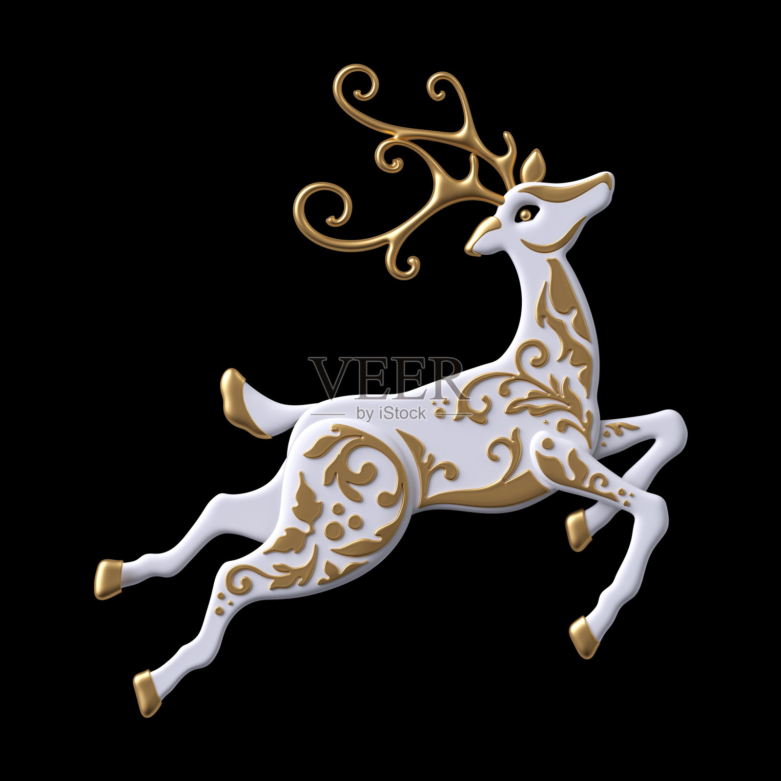 3d渲染，数字插图，圣诞驯鹿剪辑艺术，装饰鹿，浮雕黄金装饰，跳跃的白色鹿，孤立在黑色背景插画图片素材