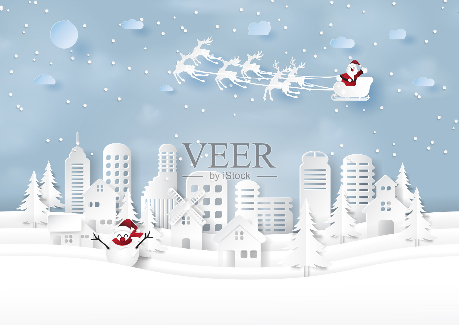 城市和城市景观与圣诞老人在冬季季节插画图片素材