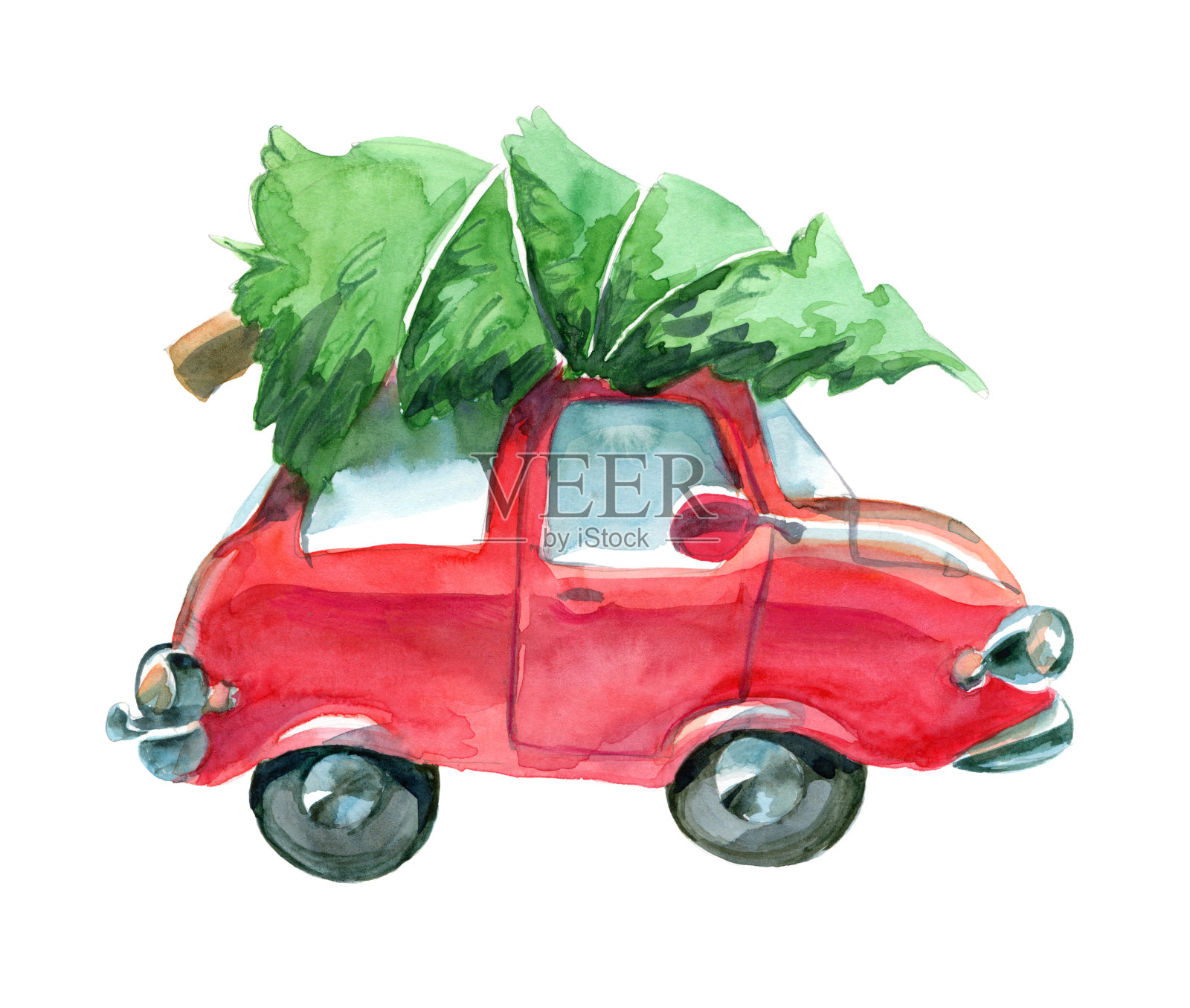 红色的车和绿色的圣诞树在上面插画图片素材