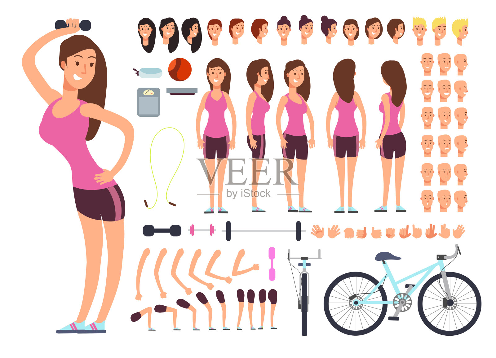 年轻的健身女性，女运动员。矢量创建构造与大集合的女性身体部位和运动设备插画图片素材