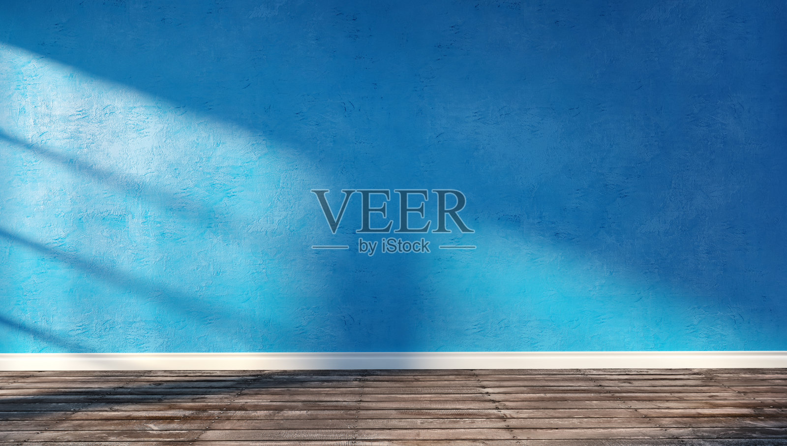 蓝色的灰泥墙和木地板，室内阳光充足插画图片素材