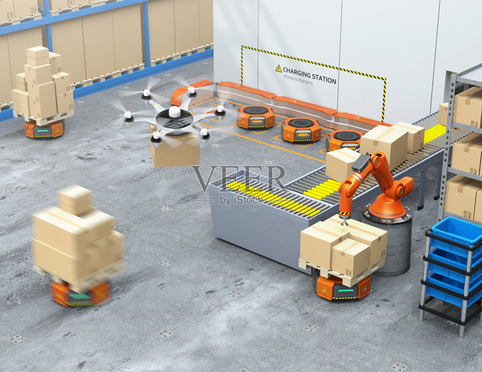 配备机械臂、无人机和机器人搬运工的现代化仓库插画图片素材