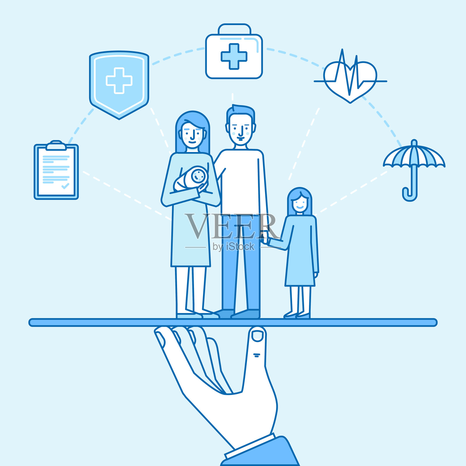 矢量插图和信息图形设计元素在现代平面线性风格-健康和家庭保险的概念插画图片素材