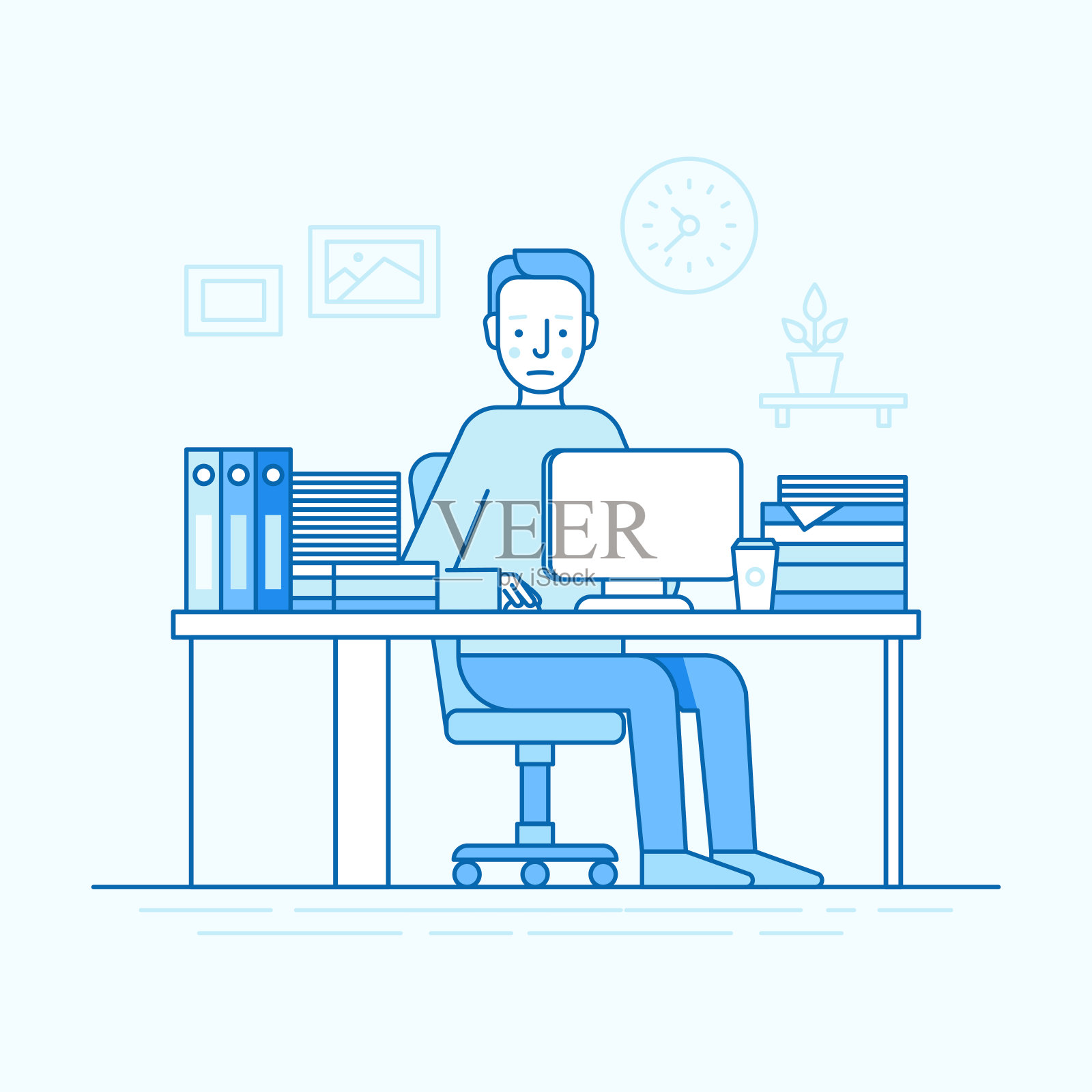 矢量插图在时尚的平面线性风格和蓝色-人工作坐在书桌与电脑和努力工作插画图片素材