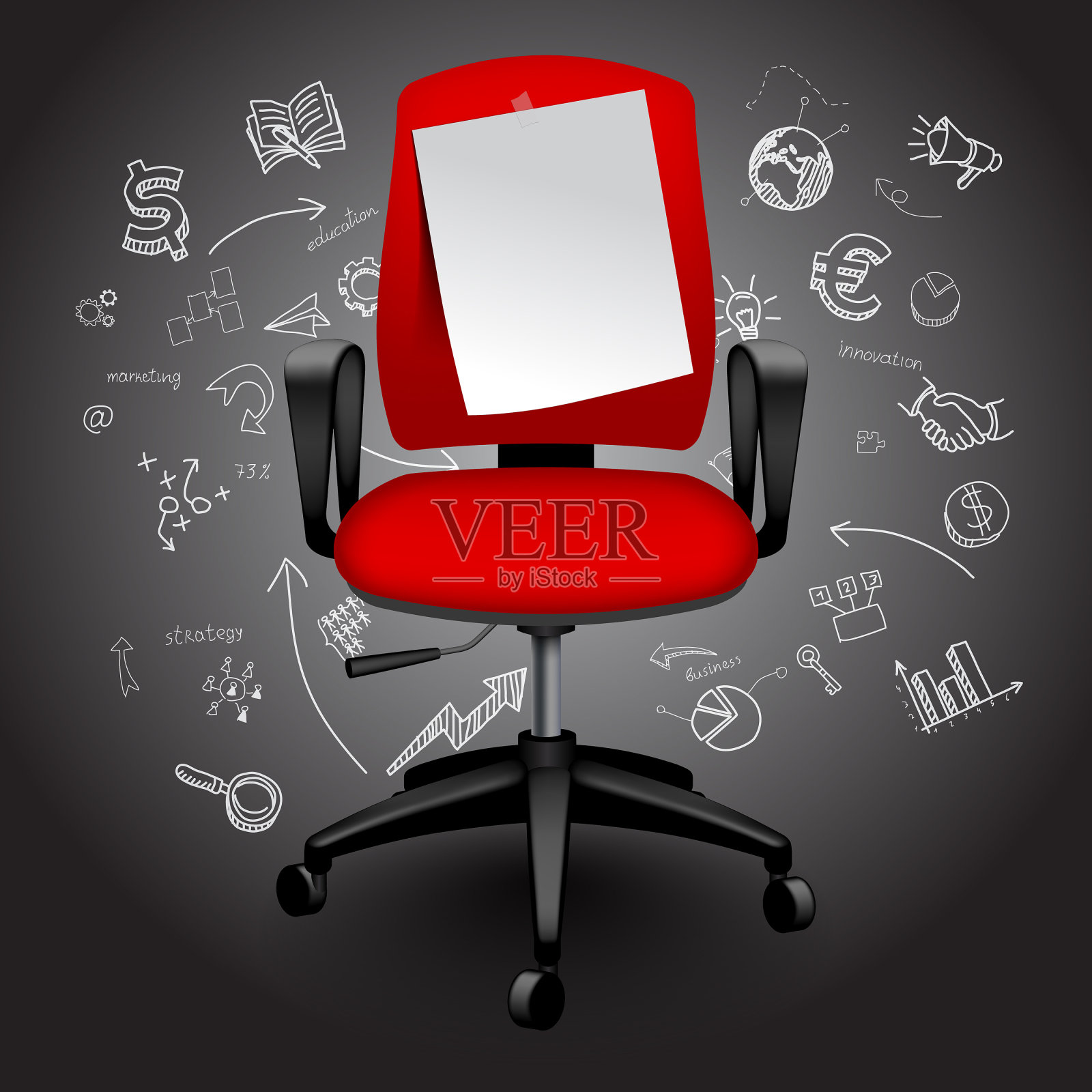 红色的商业椅子与通知纸上手绘的商业图标背景插画图片素材