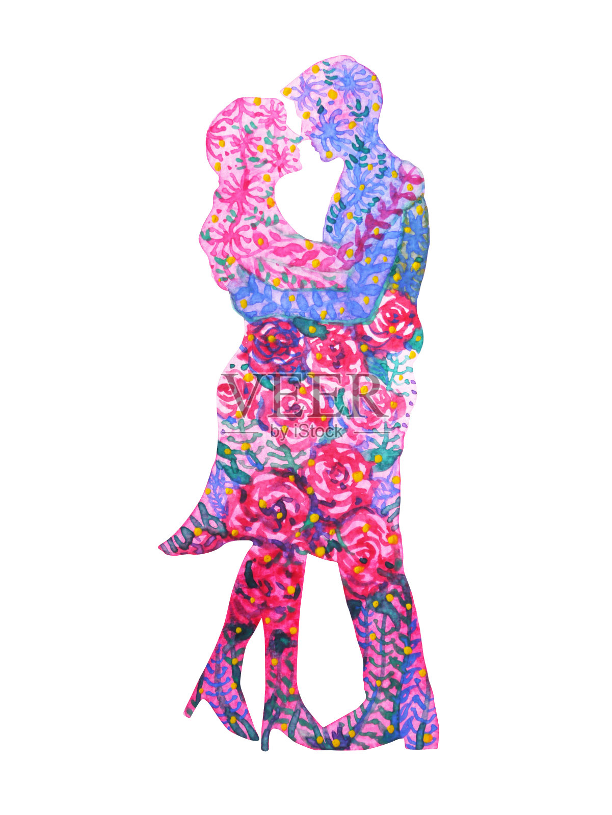 情侣水彩画浪漫的花玫瑰叶设计插画图片素材