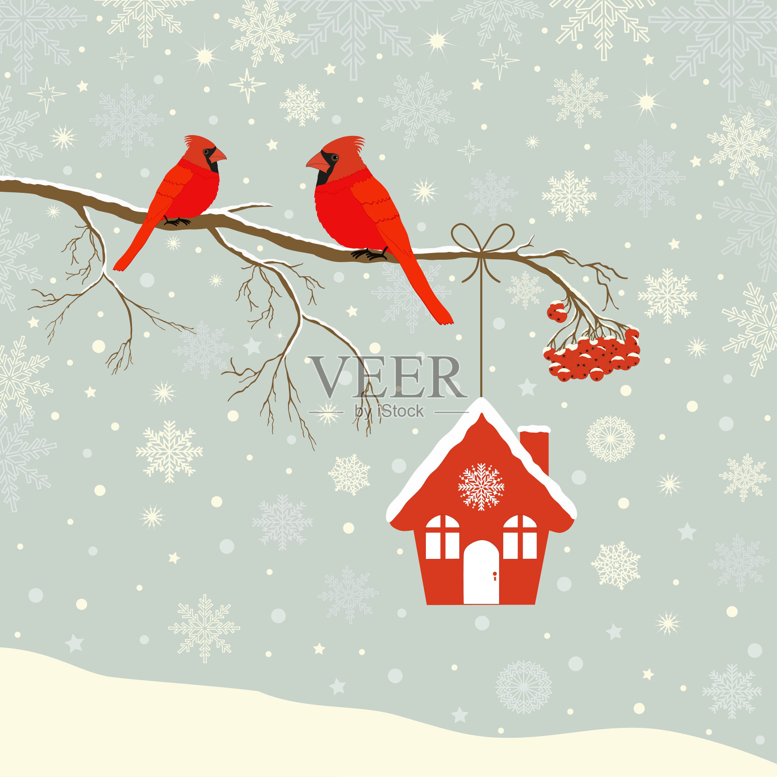 可爱的红色红雀，在冬天的树枝上有鸟窝插画图片素材