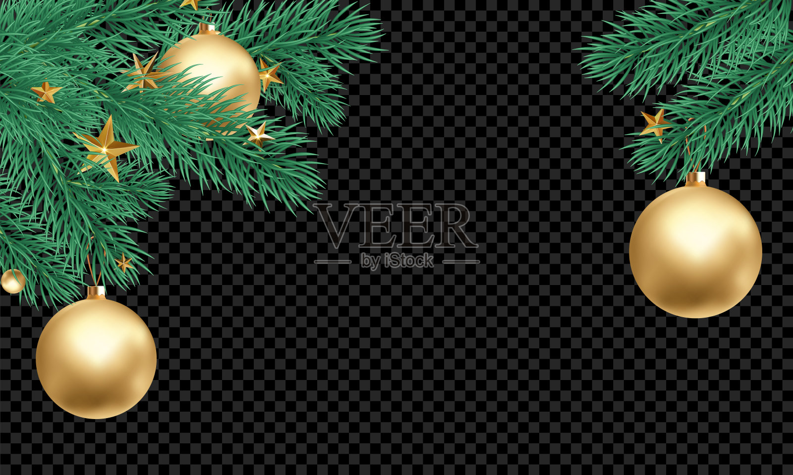 圣诞节日贺卡背景模板金球装饰圣诞树的树枝。矢量新年黄金闪耀星星五彩纸屑透明豪华黑色背景插画图片素材