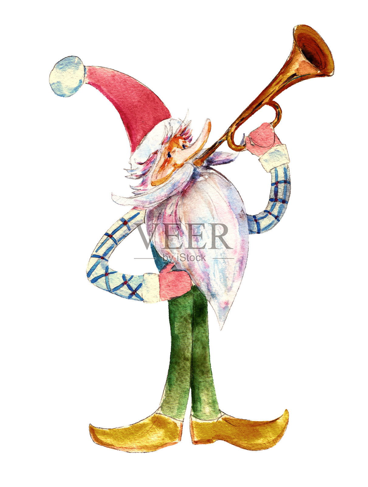 圣诞侏儒是喇叭，水彩插图孤立在白色的背景。插画图片素材