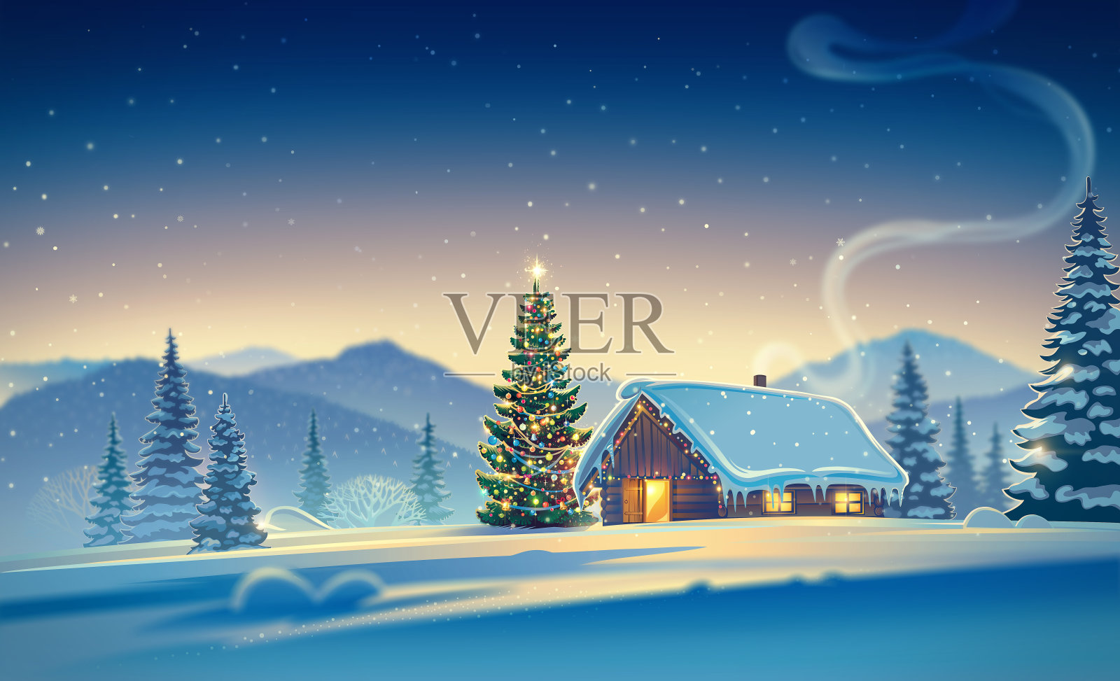有房子和圣诞树的冬季景观插画图片素材